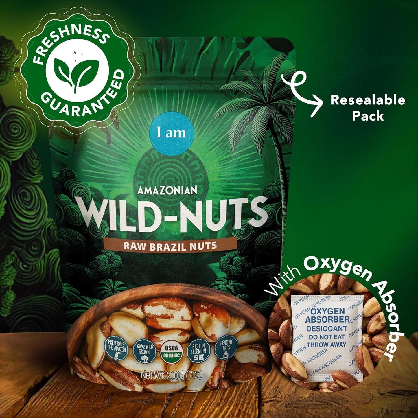 I Am Organic Brazil Wild Nuts | Raw Brazil Nuts | 100% Wild Grown, Sustainably Collected | Prevents Deforestation | Rich in Selenium | Non-GMO, Natural Snack | 7oz Pouch