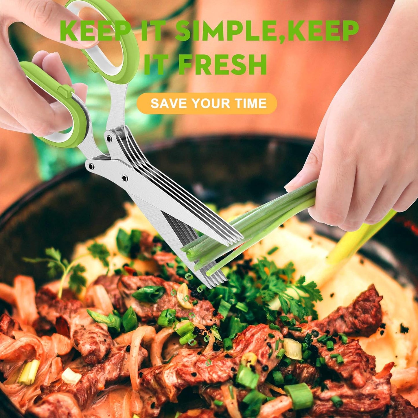 Herb Scissors Set - Updated 2025 Cool Kitchen Gadgets for Cutting Fresh Garden Herbs - Herb Cutter Shears with 5 Blades and Cover, Sharp and Anti-rust Stainless Steel, Dishwasher Safe (Green-White)
