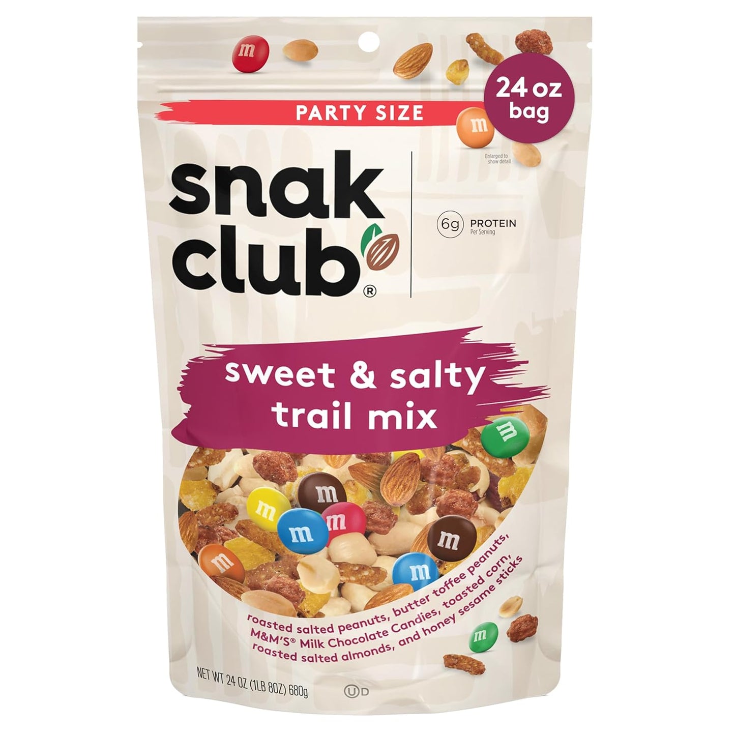Snak Club Energizer Trail Mix with Roasted Salted Peanuts, Raisins, M&M’S Chocolate Candies, Roasted Almonds, Gluten-Free and Kosher Snack, 24 oz Resealable Bag