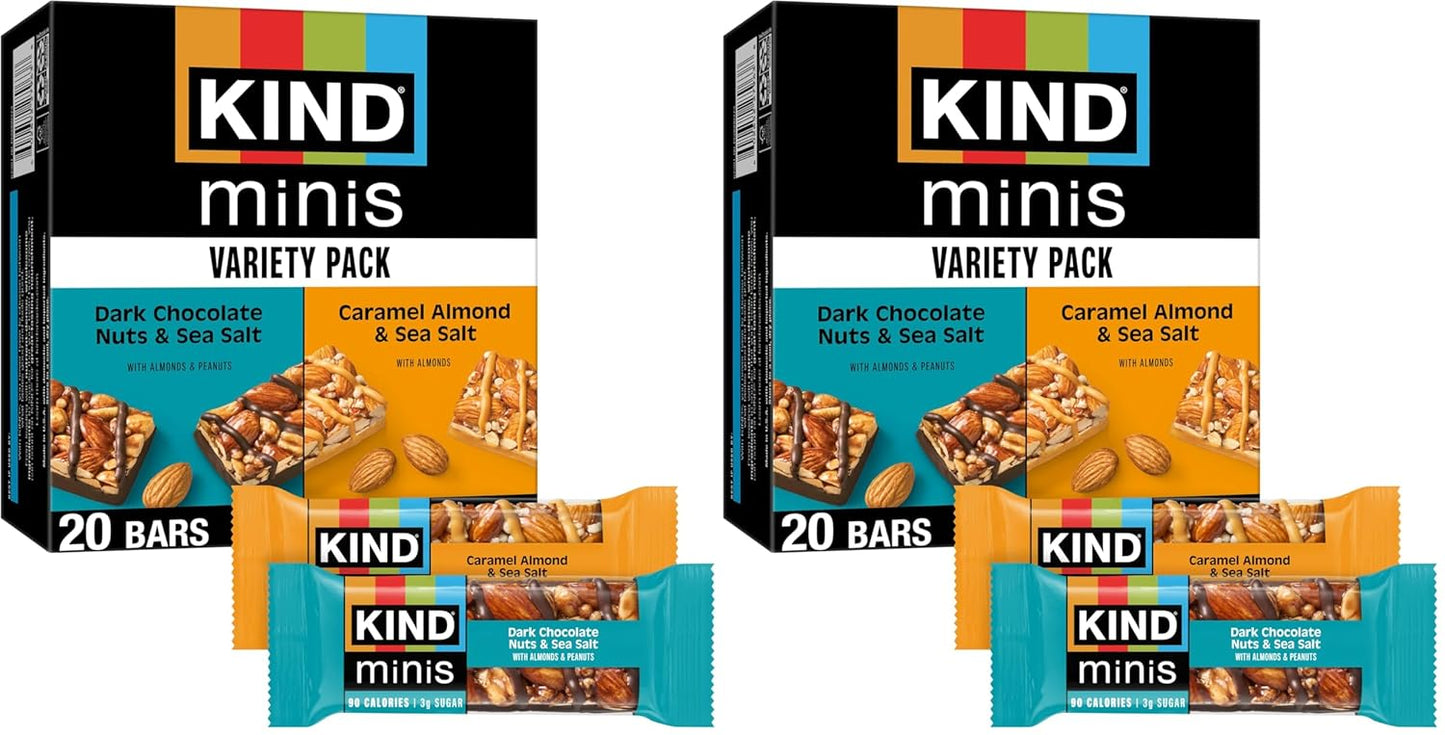KIND Mini Snack Bars Variety Pack, Gluten Free, Low Sugar, Low Calorie Snacks, Dark Chocolate Nuts & Sea Salt, Caramel Almond & Sea Salt, 20 Count