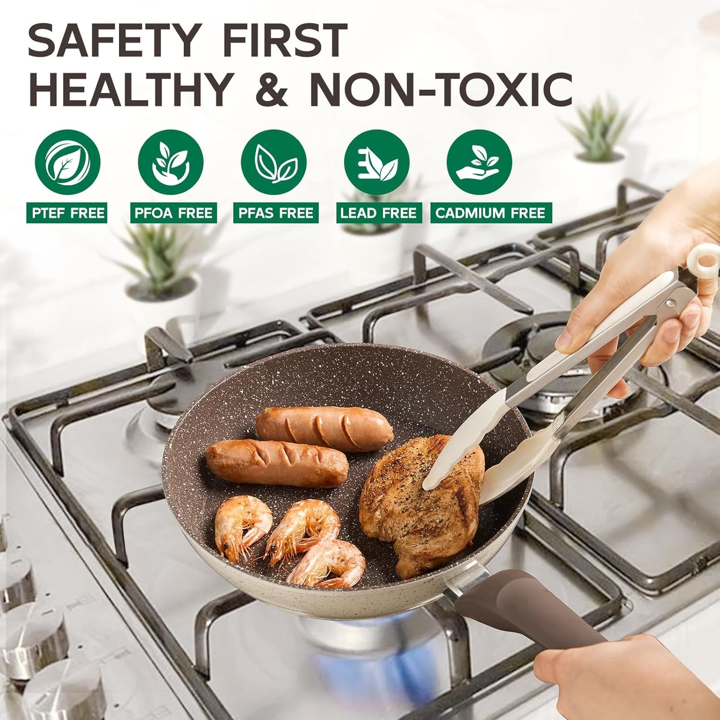 Pots and Pans Set Non Stick, 5Pcs Ceramic Cookware Set, Healthy Non-toxic Induction Cookware with Stay-Cool Handle, Basic Kitchen Utensils Set PFAS-Free