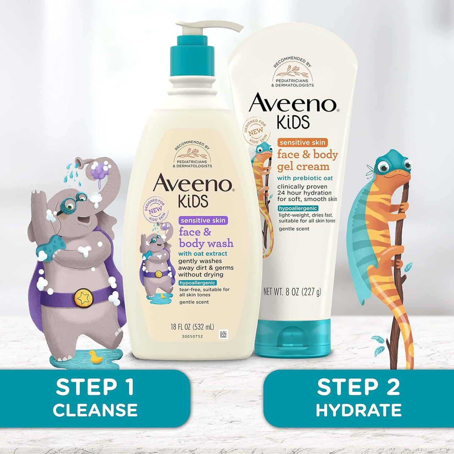 Aveeno Kids Face & Body Wash for Sensitive Skin, Oat Extract, Tear-Free, Non-Drying, Light Scent, Pump Dispenser, Hypoallergenic, Phthalate, Sulfate & Dye Free, 18 fl oz
