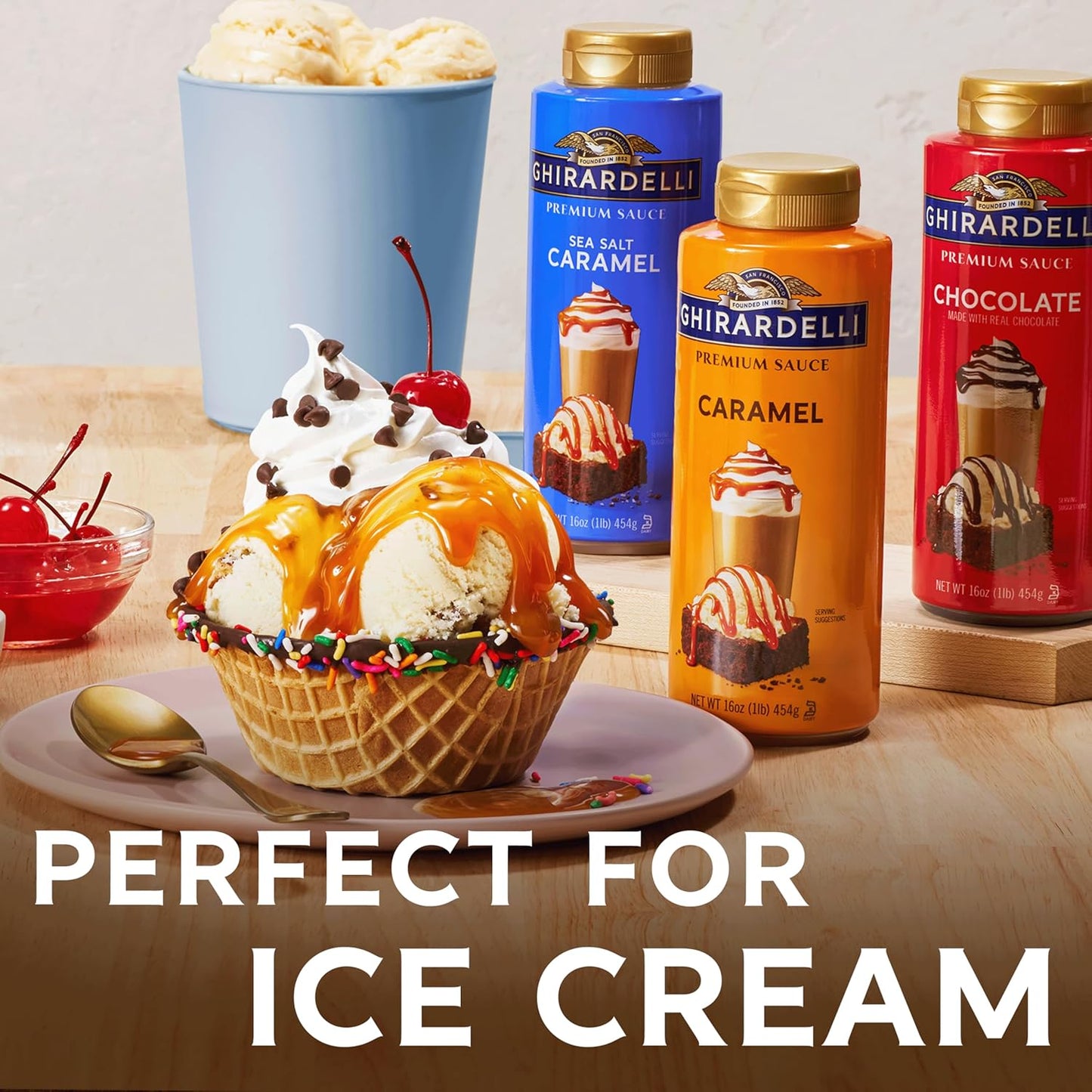 GHIRARDELLI Premium Dessert Sauce 16 oz Bottle, Sea Salt Caramel โ Smooth Salted Caramel for Desserts & Drinks