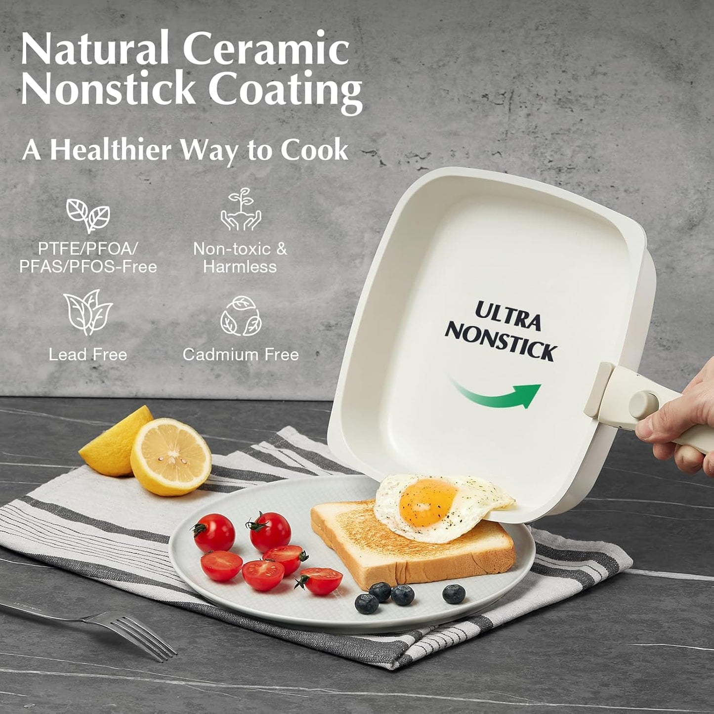 Square Non-Stick Cookware Set - 4Pcs Ceramic Pots & Pans with Detachable Handle, Healthy Non-Toxic & Dishwasher Safe - Space-Saving Design for RV, Camping, Perfect for Pancakes, Bacon & Family Cooking