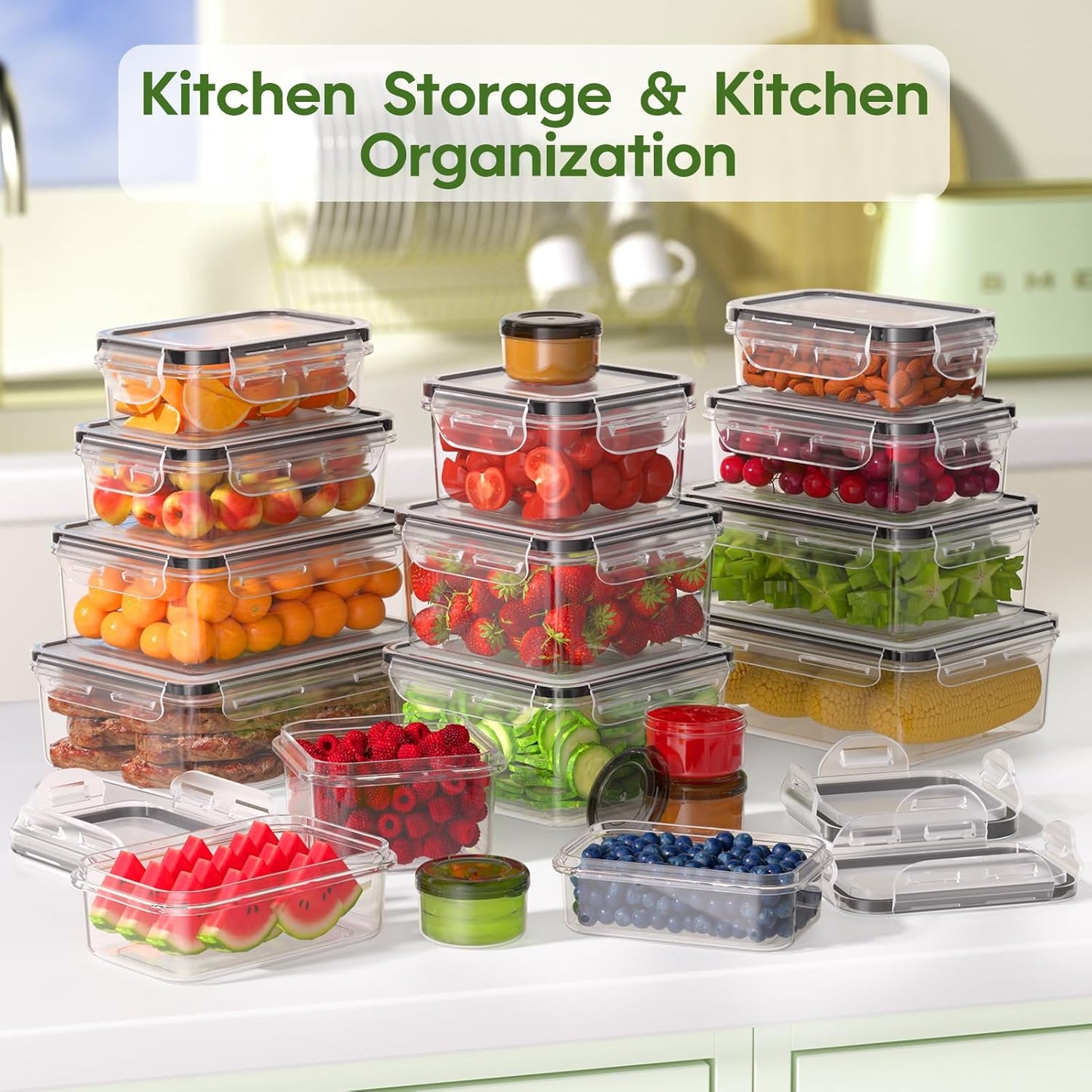 36-Piece Food Storage Containers with Lids(18 Container & 18 Lid), Plastic Food Containers for Pantry & Kitchen Storage and Organization, BPA-Free, Leak Proof, Reusable with Labels & Pen