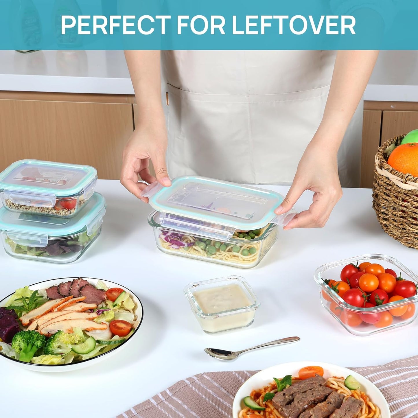 Vtopmart 8 Pack Glass Food Storage Containers with Airtight Lids, Glass Meal Prep Containers, Lunch Office Meal for Microwave, Oven, Freezer and Dishwasher, BPA Free