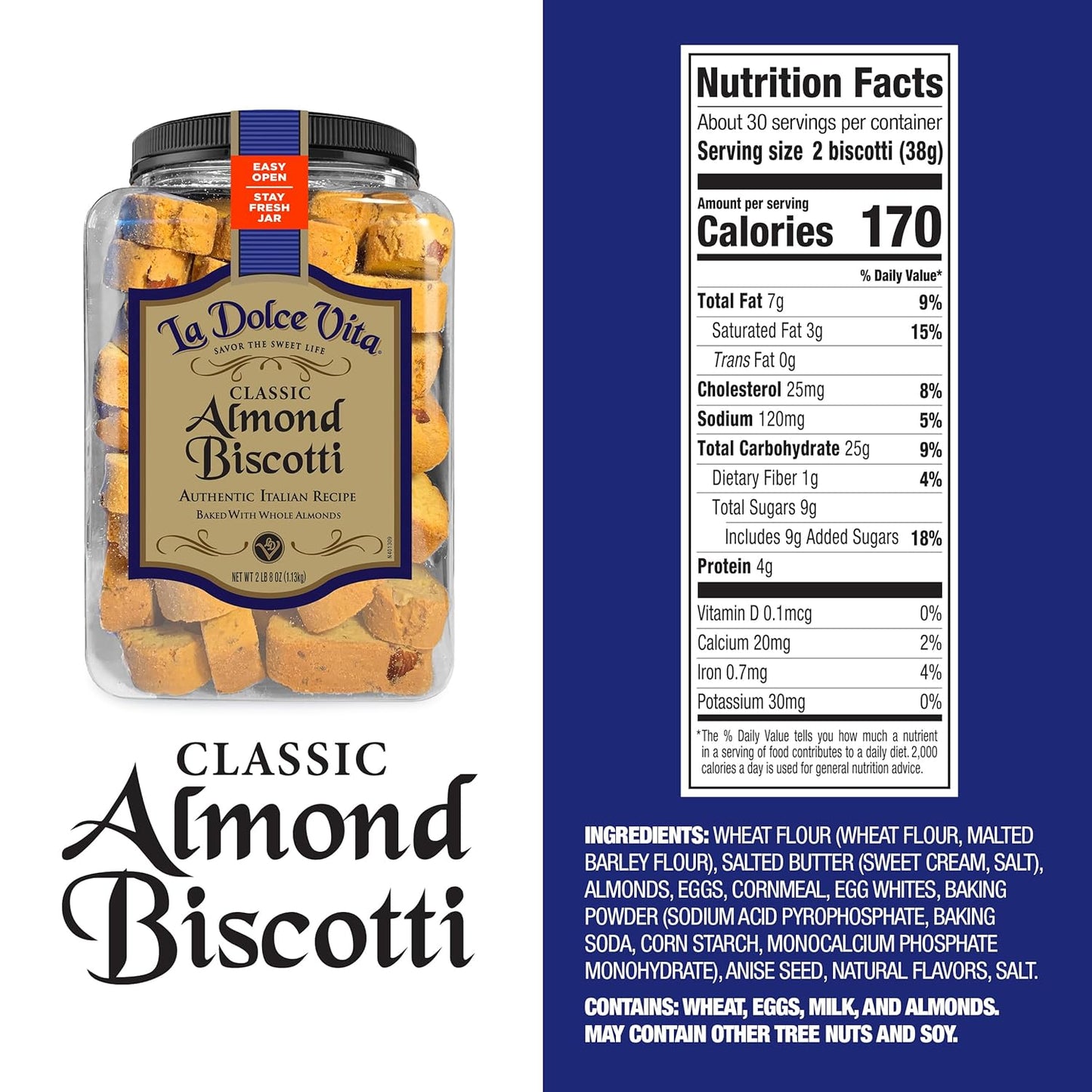 La Dolce Vita Classic Almond Italian Biscotti Cookies, 40 oz jar, gourmet coffee and tea dipping snack