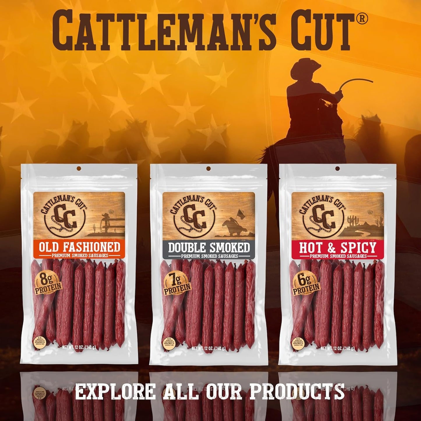 Cattleman's Cut Double Smoked Sausages Meat Sticks, Premium Protein Snacks, Keto Friendly, Gluten Free, Carnivore Travel Snack, Resealable Bag, 12 Ounce