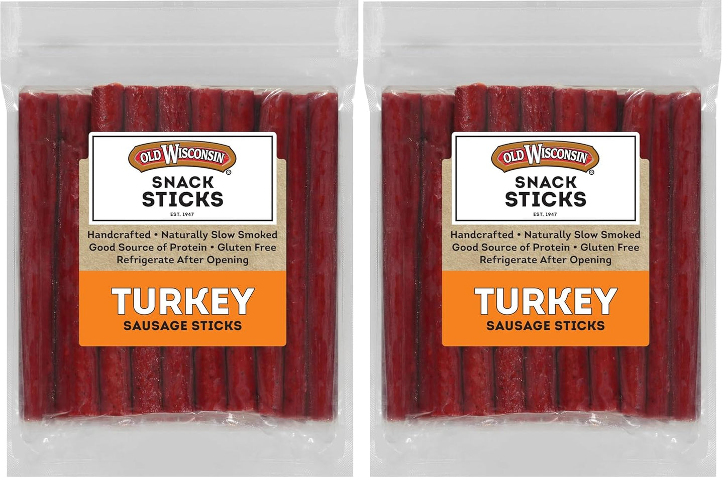 Old Wisconsin Turkey Sausage Snack Sticks, Naturally Smoked, Ready to Eat, High Protein, Low Carb, Keto, Gluten Free, 16 Ounce Resealable Package