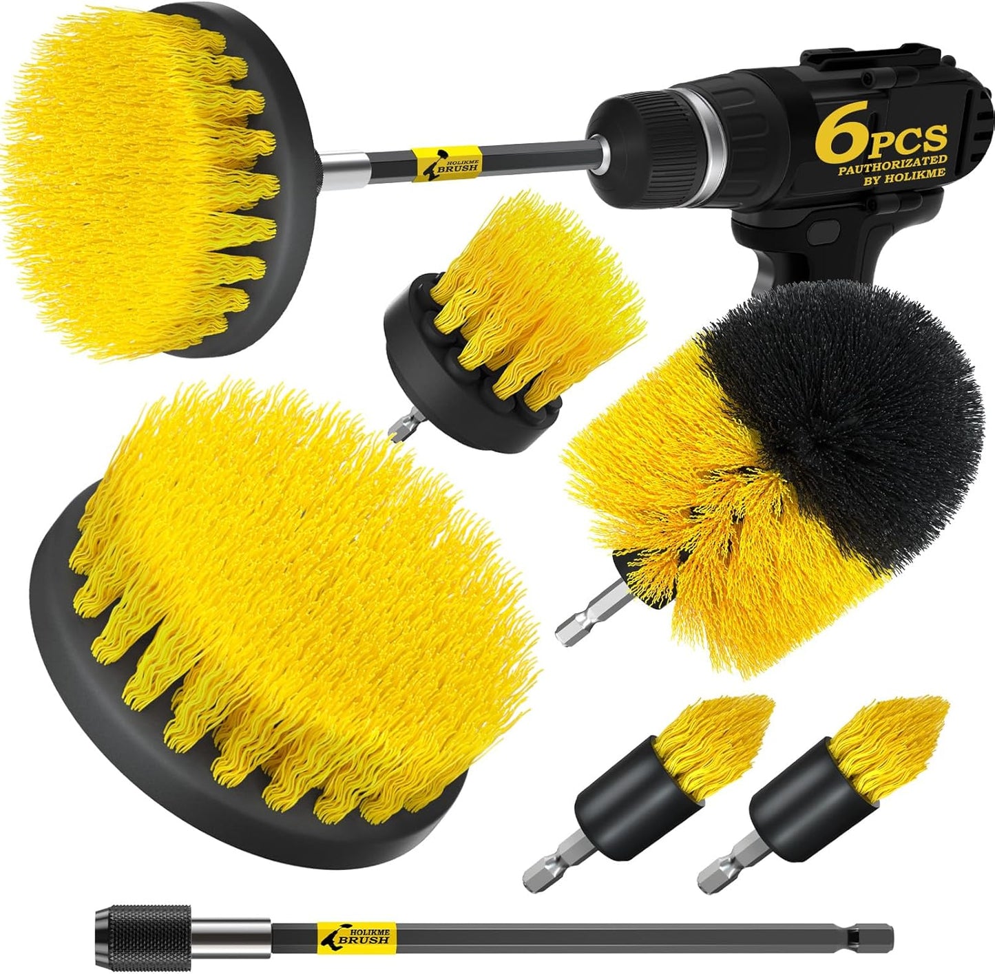 Holikme 6Pack Drill Brush Power Scrubber Cleaning Brush Extended Long Attachment Set All Purpose Drill Scrub Brushes Kit for Grout, Floor, Tub, Bathroom and Kitchen Surface,Scratch Brushes(Yellow)