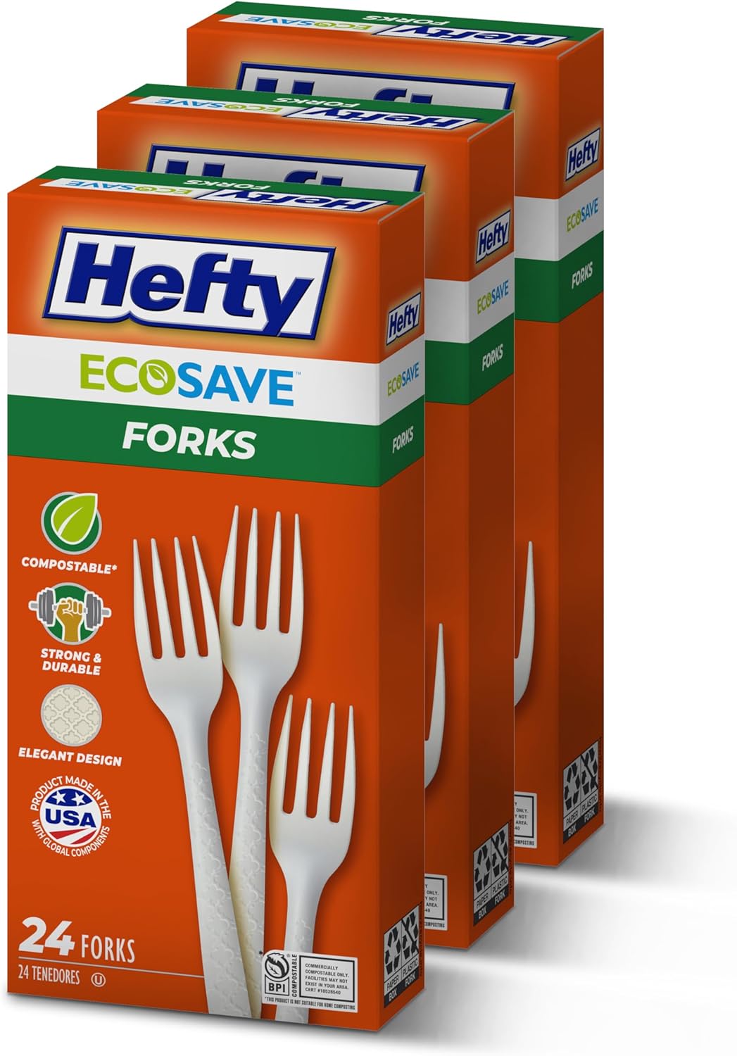 Hefty ECOSAVE Compostable Assorted Cutlery Set, Utensils for BBQs, Tailgates, Camping, Parties, and More, Includes 8 Forks, 8 Spoons, and 8 Knives, Compostable, Sustainable Design, 24 Count