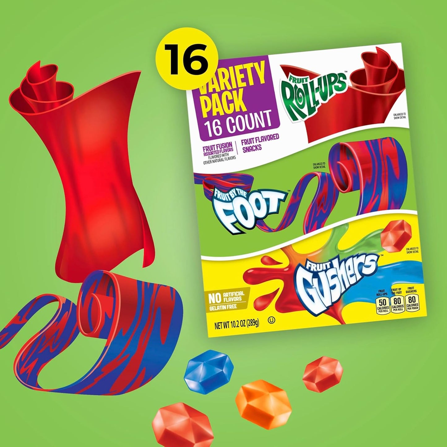 Fruit Roll-Ups, Fruit by the Foot and Gushers Fruit Flavored Snacks Variety Pack, Gluten Free, 16 Pouches, 10.2 oz