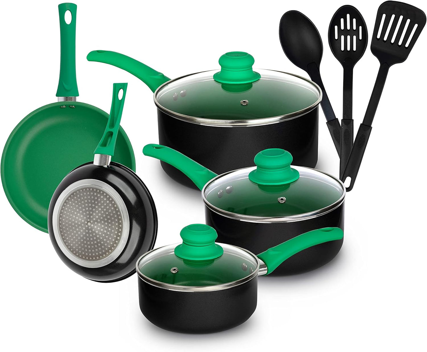 Pots and Pans Set, Aluminum Nonstick Cookware Set, Fry Pans, Casserole with Lid, Sauce Pan, and Utensils, 11 Piece Cooking Set (Black)