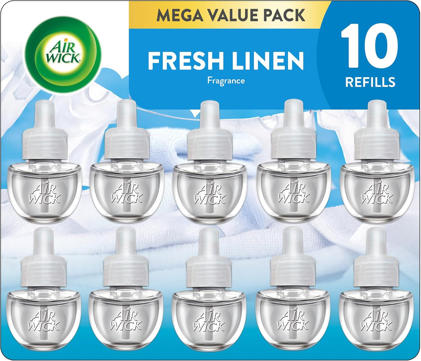 Air Wick Plug in Scented Oil Refill, 10ct, Fresh Linen, Air Freshener, Essential Oils, Eco Friendly Pack