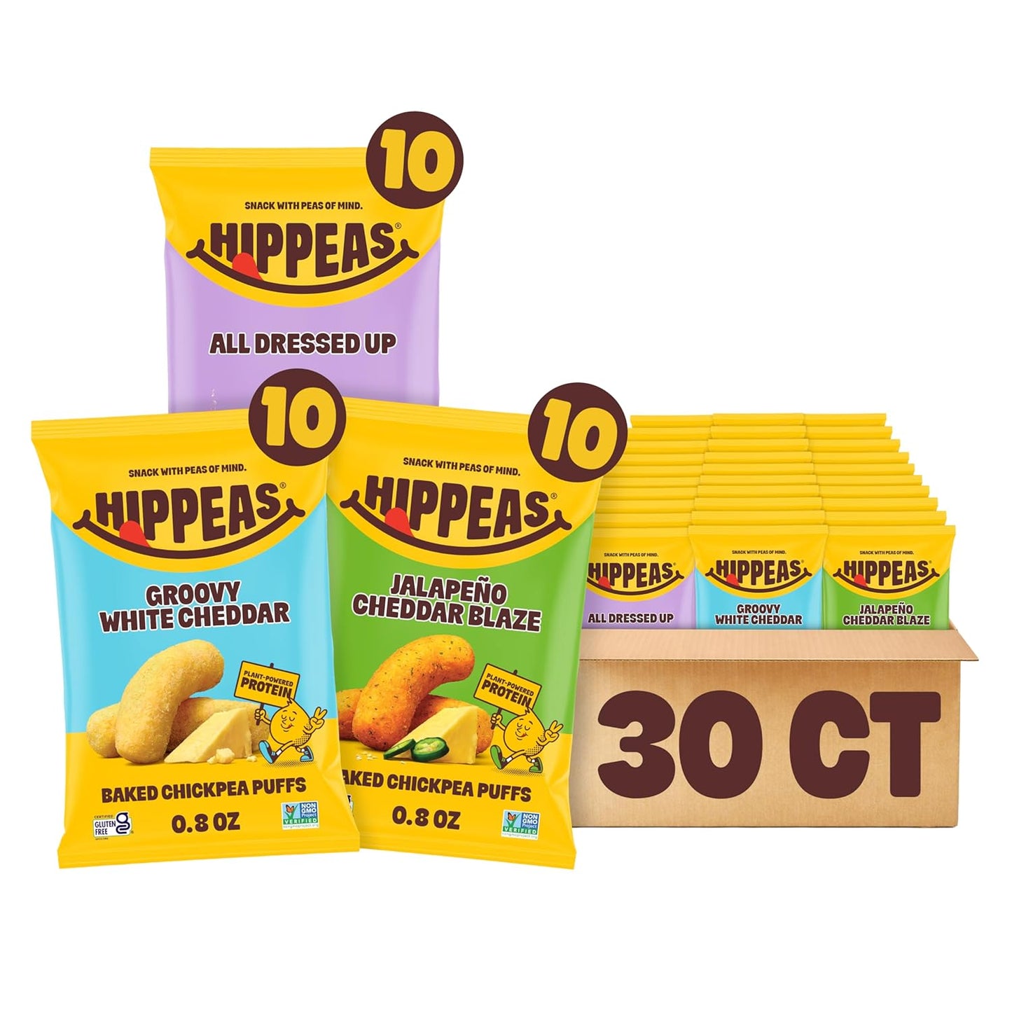 Hippeas Chickpea Puffs, Variety Pack, Groovy White Cheddar, Jalapeño Cheddar, All Dressed, 30 x 0.8 oz, Baked Crunchy Chickpea Snacks, 3g Plant Protein, 2g Fiber & 50% Less Fat, Dairy & Gluten Free