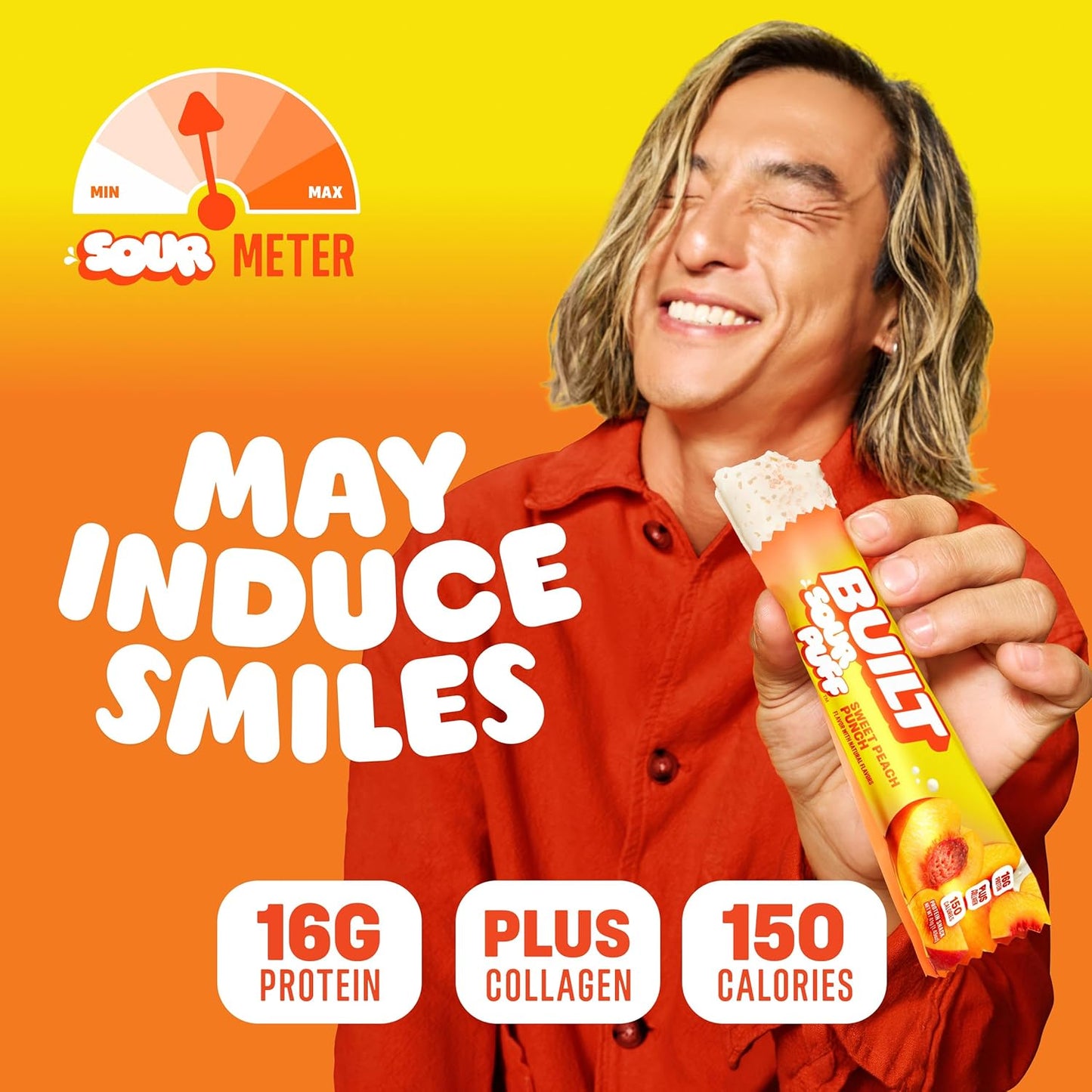 BUILT Bar Sour Puff Protein Bars - Sweet Peach Punch - 16g Protein Snack Bars with Collagen - Calorie Conscious & Gluten Free - 12 Count