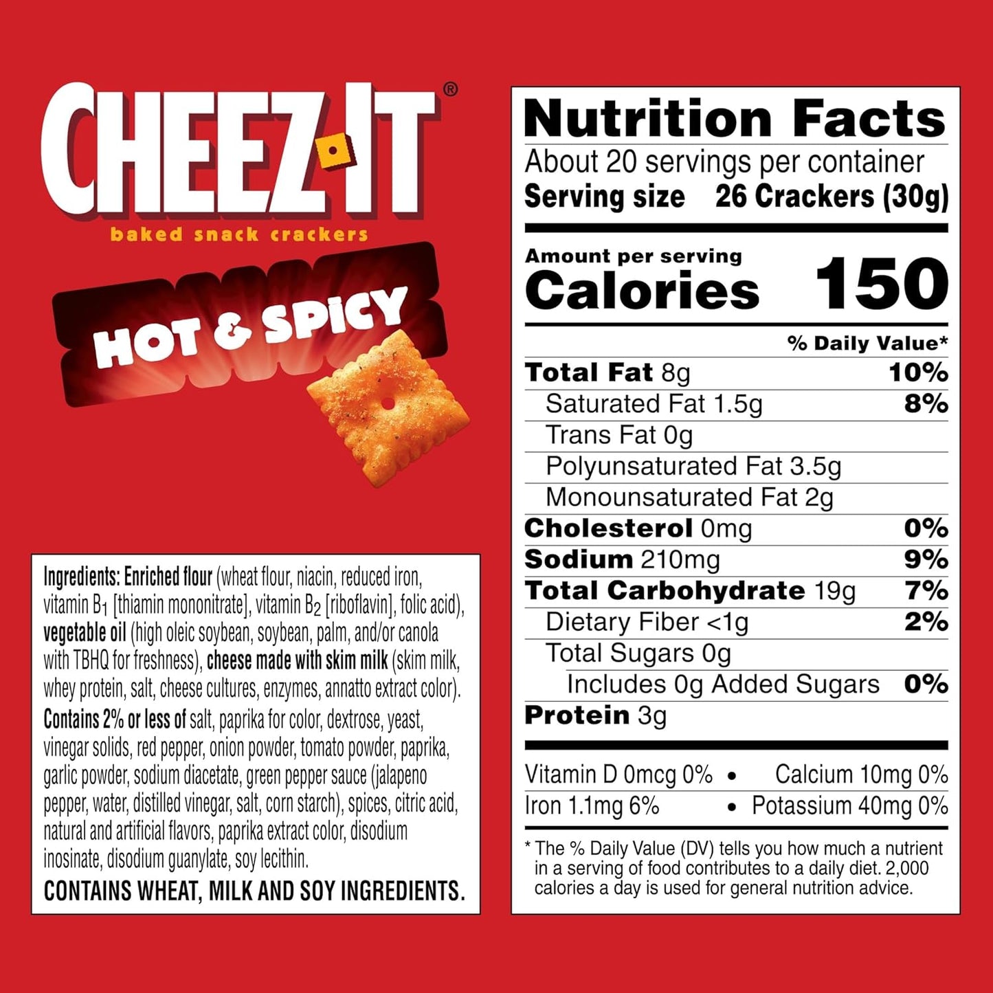 Cheez-It Baked Snack Crackers, Lunch Snacks, Family Size, Hot and Spicy, 21oz Box (1 Box)