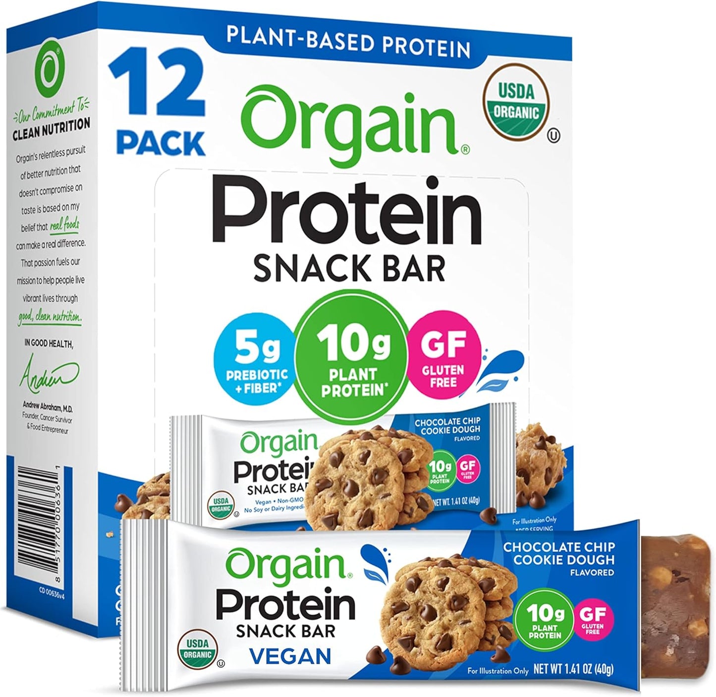 Orgain Organic Vegan Protein Bars, Peanut Butter Chocolate Chunk - 10g Plant Based Protein, Low Calorie Healthy Snacks, No Lactose or Soy Ingredients, Gluten Free, Non-GMO - 1.41 Oz (Pack of 12)