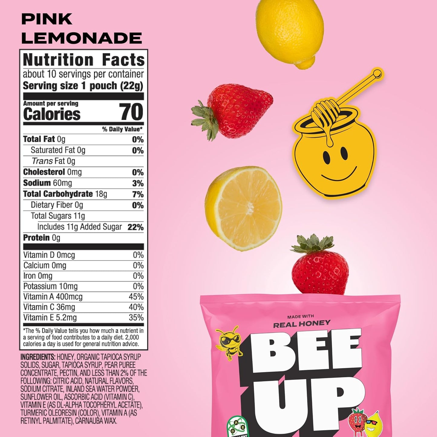 BEEUP Honey Fruit Snacks – With a Teaspoon of Honey in Every Pouch – Dye Free, No Corn Syrup – Individually Wrapped Fruit Snack Packs for School, Sports, Soccer – Pink Lemonade (Pack of 10)