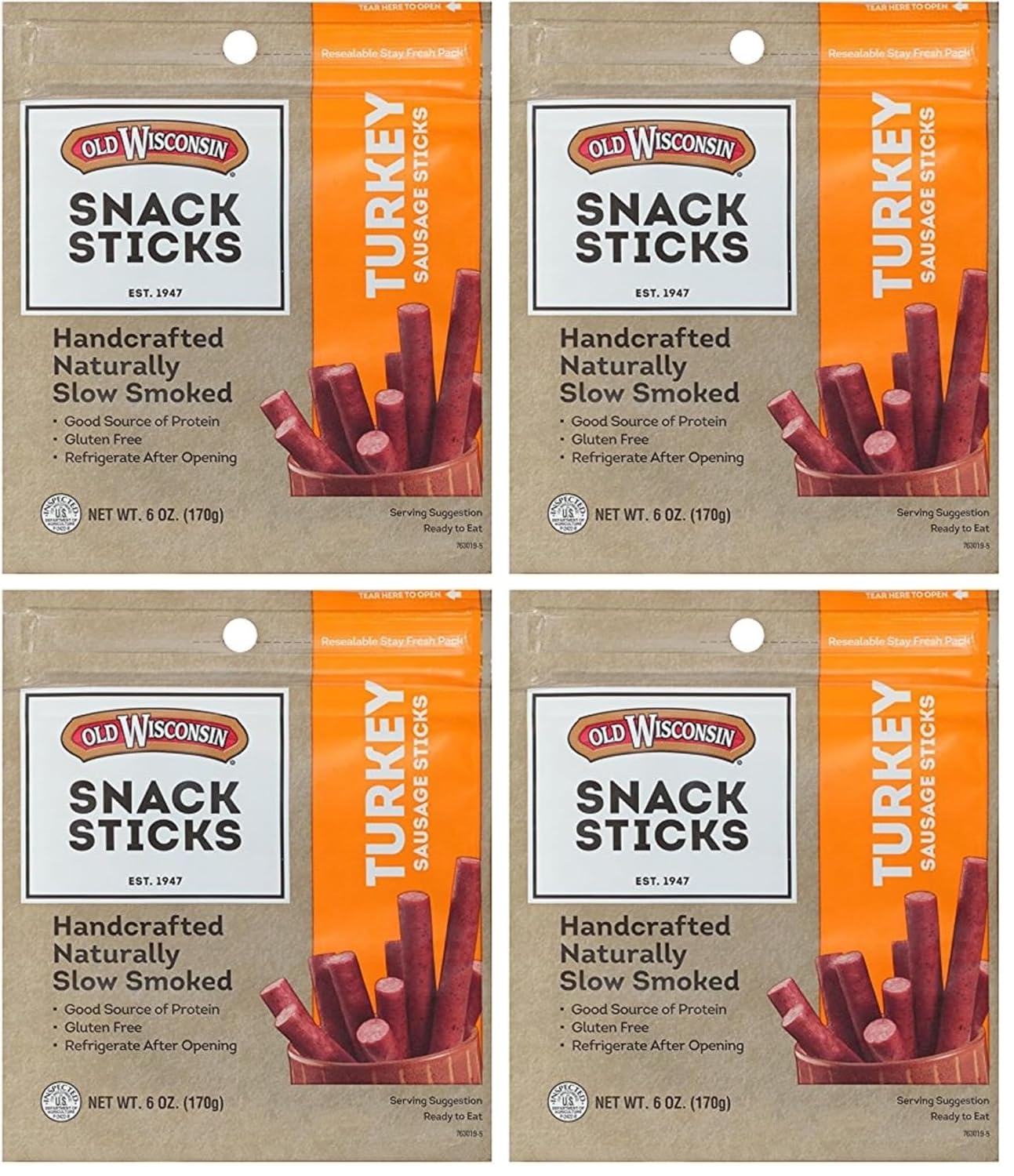 Old Wisconsin Turkey Sausage Snack Sticks, Naturally Smoked, Ready to Eat, High Protein, Low Carb, Keto, Gluten Free, 6 Ounce Resealable Package
