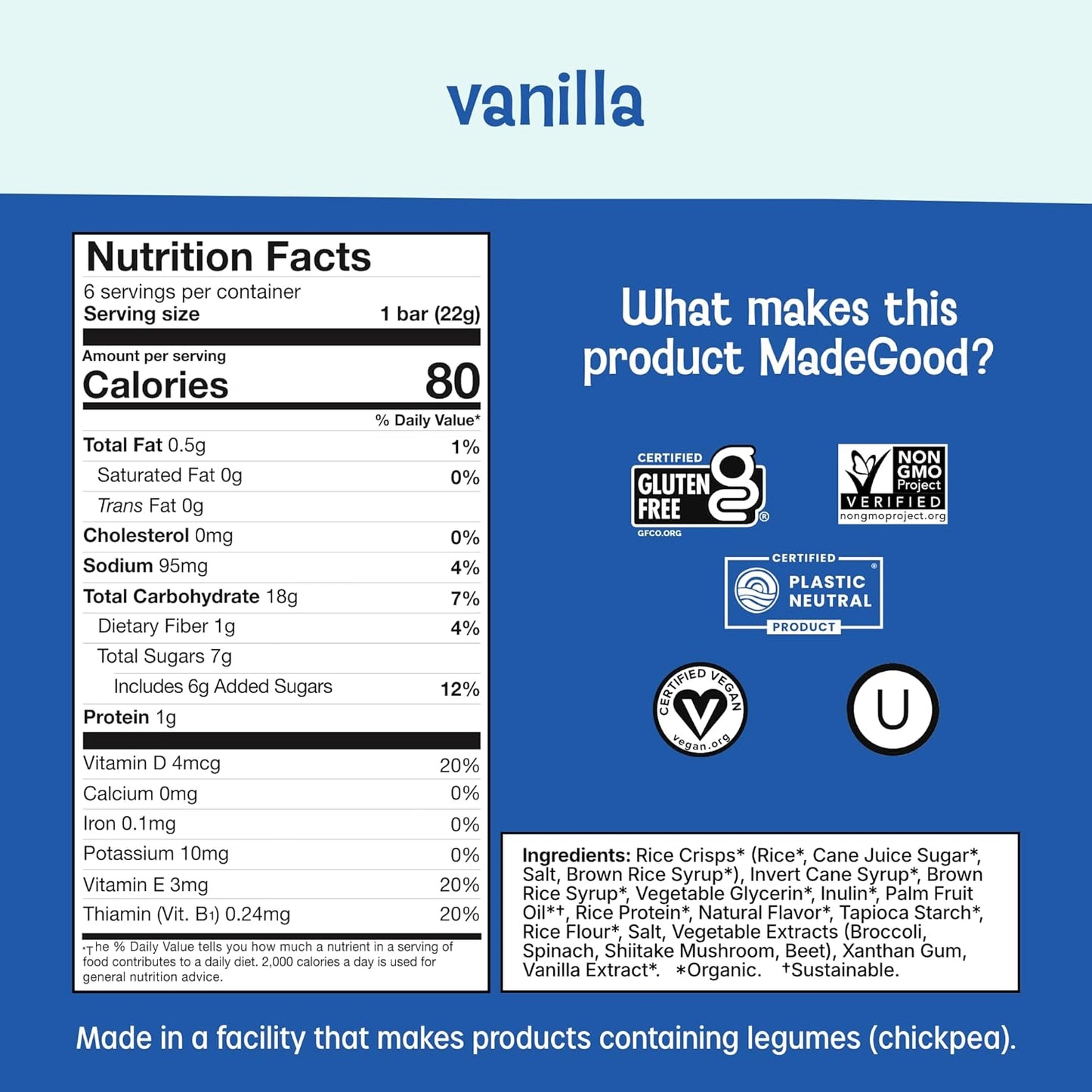 MadeGood Crispy Squares, Vanilla (36 Count) Gluten Free Snacks