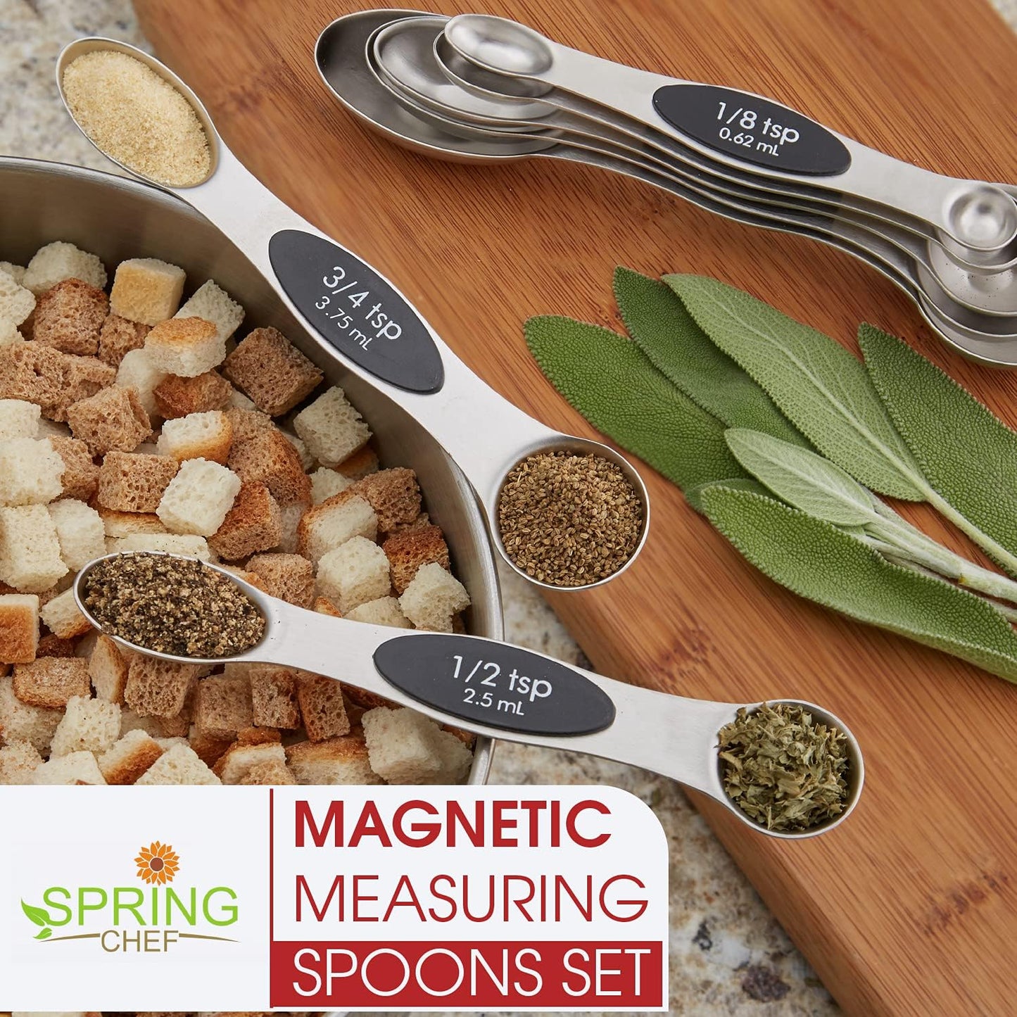 Spring Chef Stainless Steel Magnetic Measuring Spoons Set with Strong N45 Magnets, Heavy Duty Metal Kitchen Gadgets for Baking & Cooking, Fits in Most Kitchen Spice Jars, Set of 8 with Leveler, Black