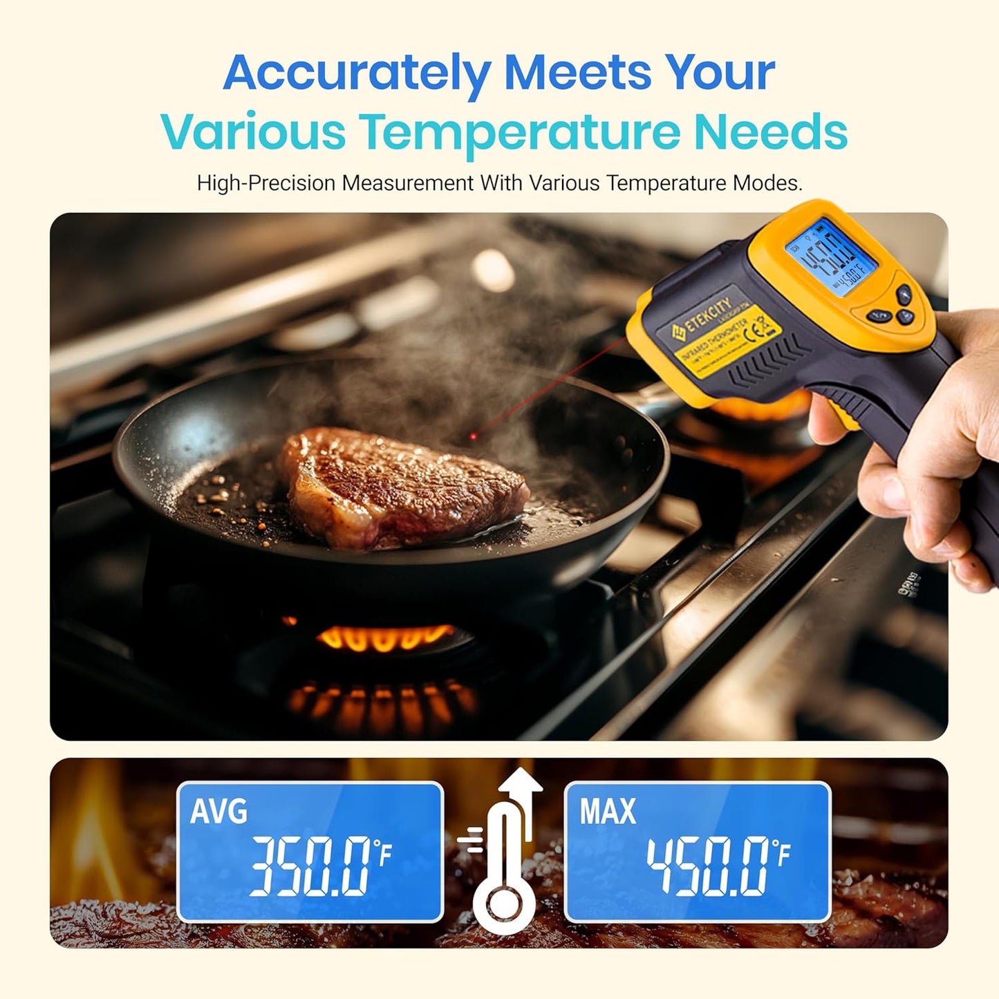 Etekcity Infrared Thermometer Laser Temperature Gun 774, Meat Food Candy Oven Thermometer for Griddle Accessories, Heat Gun for Cooking Refrigerator Tools, Adjustable Emissivity & Max Measure, Yellow