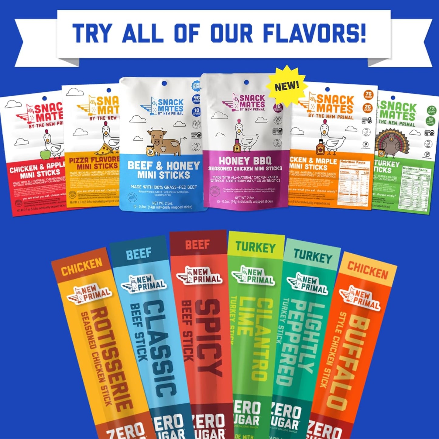 New Primal Buffalo Chicken Sticks, Keto, Gluten Free Healthy Snacks, Sugar Free Low Carb High Protein, Jerky Meat Stick, 9g Protein, 5 Pack