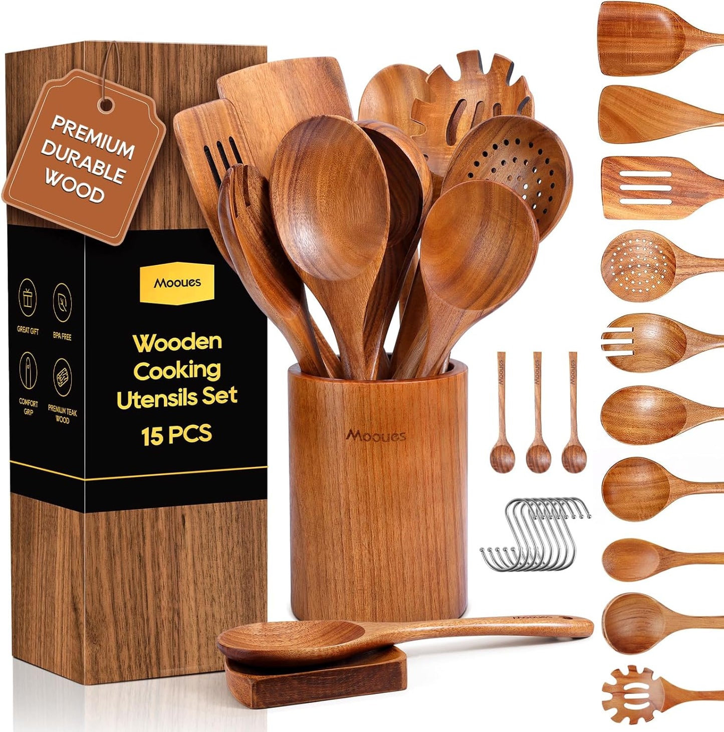 9‑Piece Natural Teak Wooden Kitchen Utensil Set with Spoon Rest and Holder