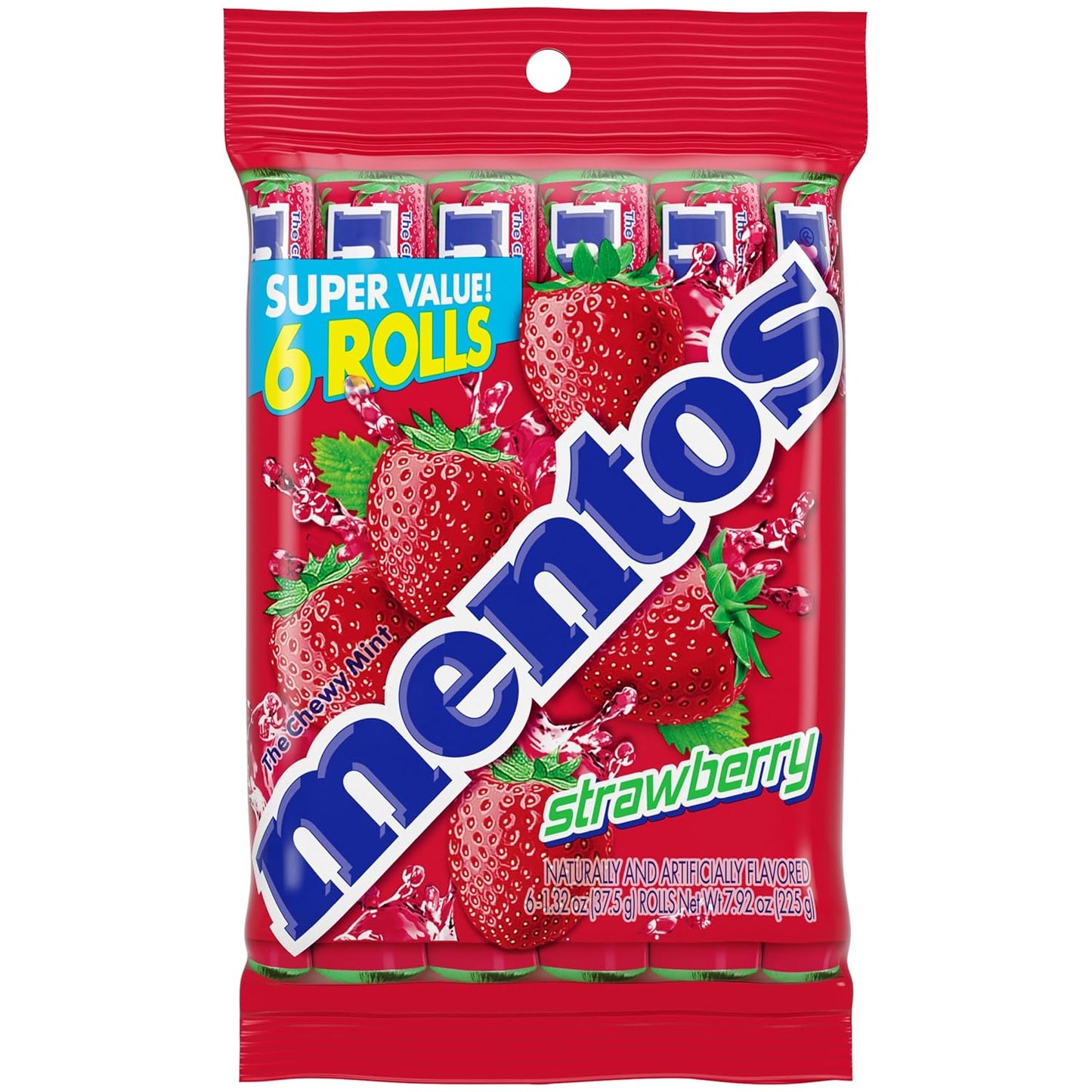 Mentos Strawberry Chewy Mint Candy Roll, 14 Pieces Per Roll, 6 Count Party Pack