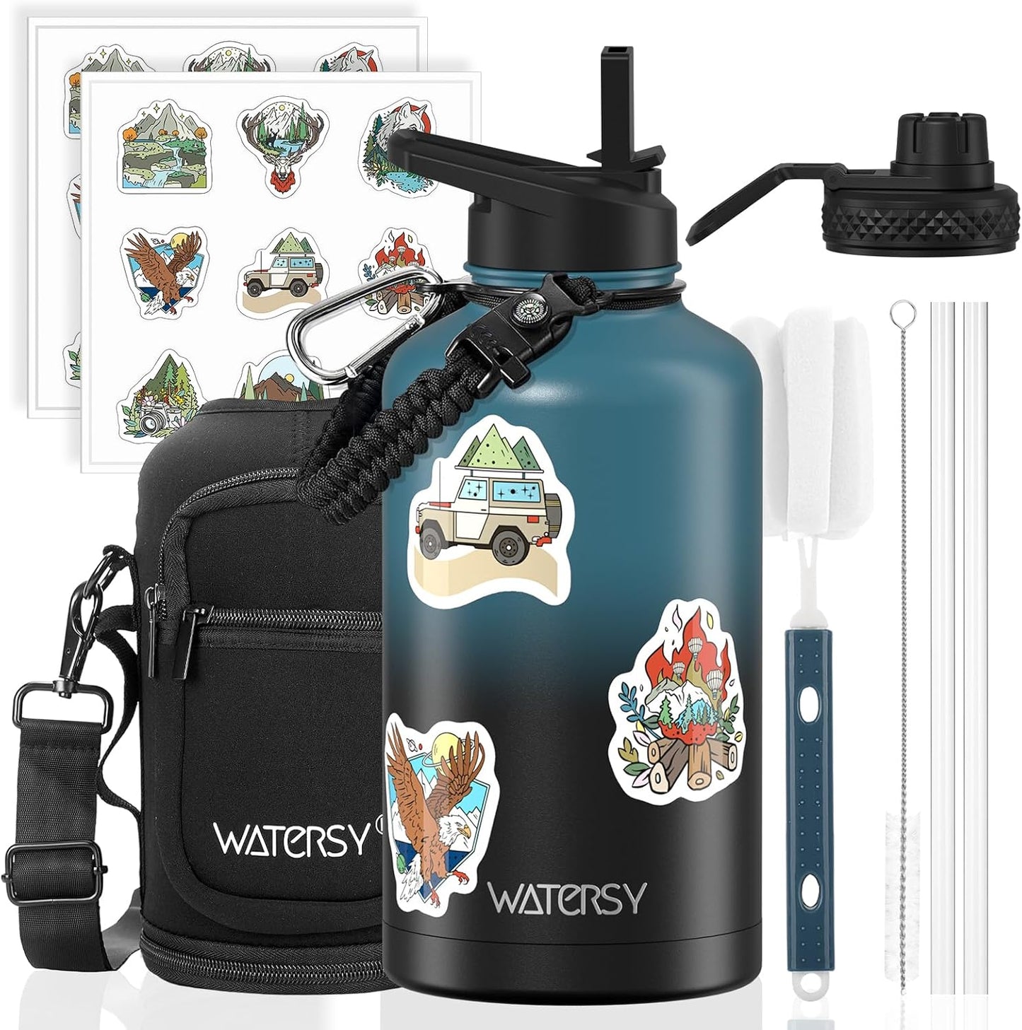 64oz Insulated Water Bottle (Cold for 48 Hrs),BPA Free&Leak Proof,Half Gallon Stainless Steel Water Flask,Water Jug with Straw Spout Lids for Gym,Hiking,Camping,Black Blue