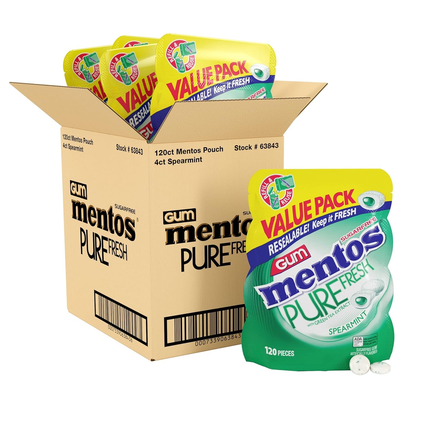 Mentos Pure White Sugar-Free Chewing Gum With Xylitol, Sweet Mint, 120 Piece Bulk Resealable Bag (Pack of 1)