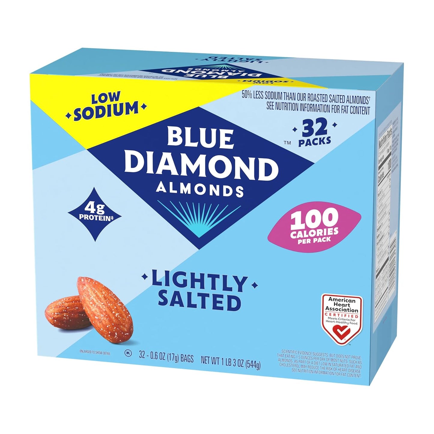 Blue Diamond Almonds Low Sodium Lightly Salted Snack Nuts, 100 Calorie Packs, 0.6 Ounce (Pack of 32)