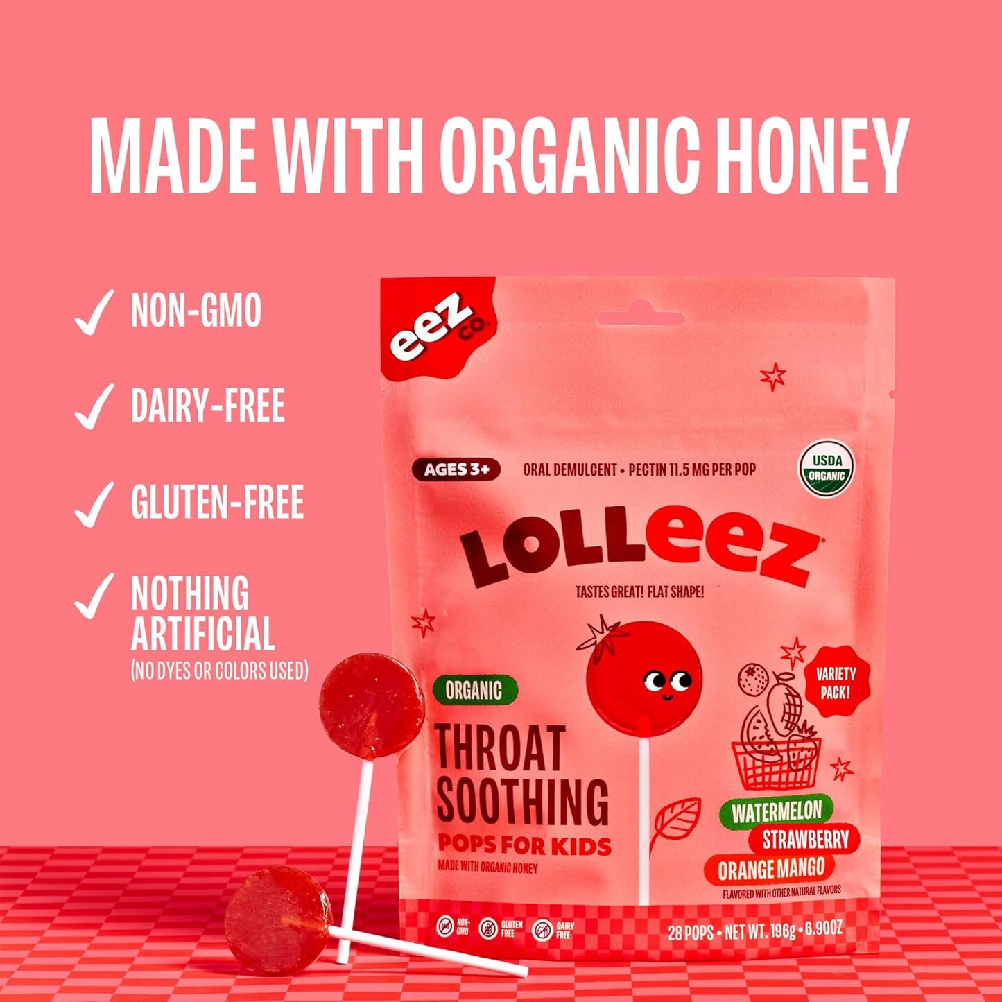 Lolleez by EEZ Co. Organic Throat Soothing Pops for Kids, Variety Pack, 28ct