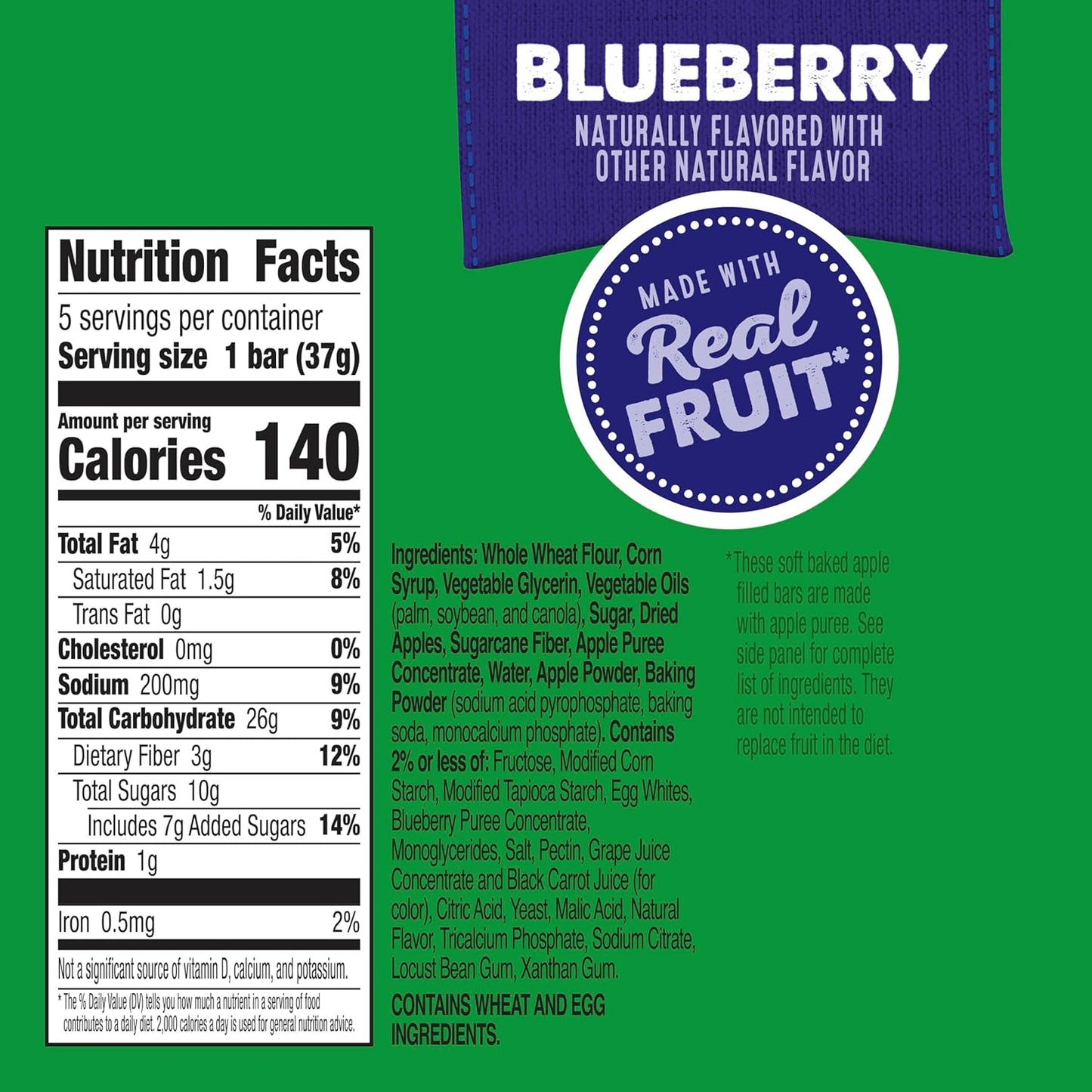 Mott's Soft Baked Apple Filled Bars, Blueberry Flavor Snacks, Made with Real Fruit, 5 Ct, 6.55 oz