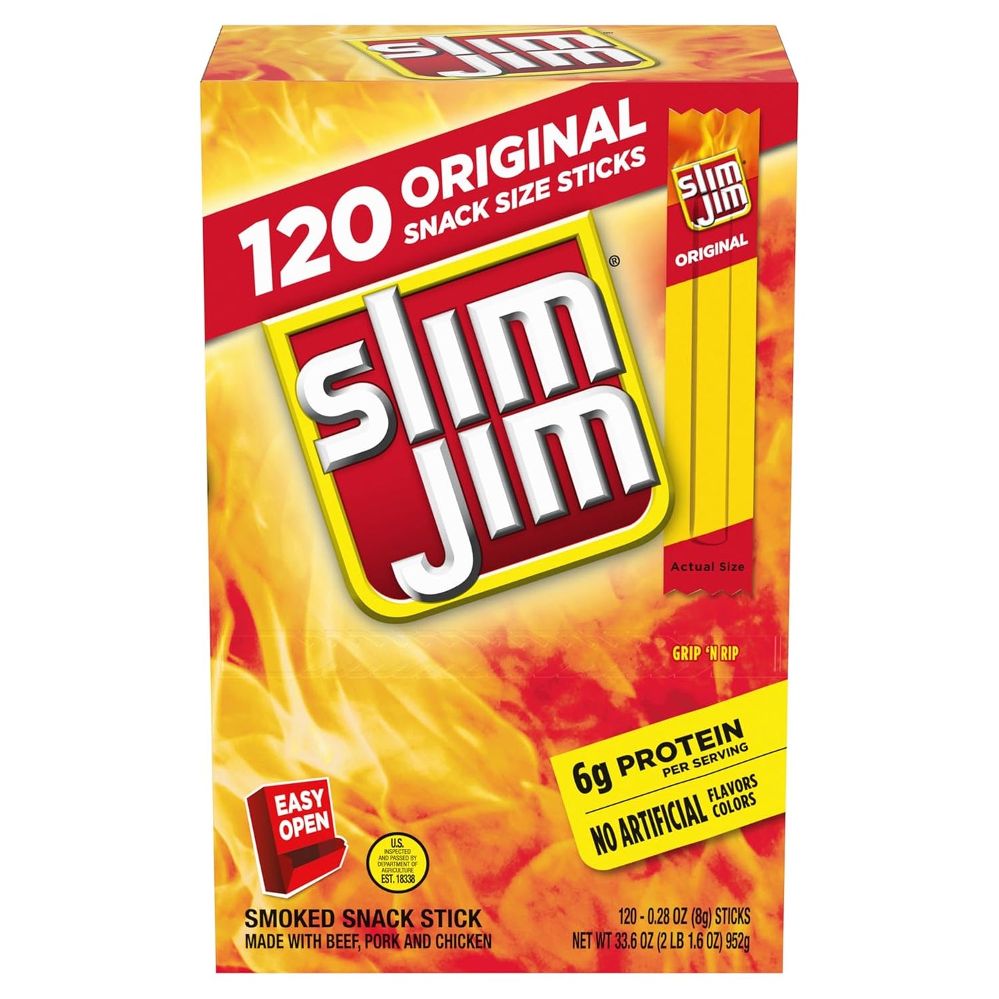 Slim Jim Smoked Meat Sticks, Original Flavor, 6g Protein Per Serving, Snack Size, 0.28 oz. (100 Count)