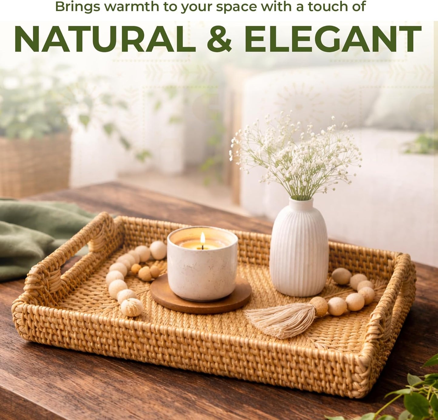Rattan Serving Tray with Handles (11.4 x 16.9 x 2 in) โ Handwoven Wicker Tray for Coffee Table, Breakfast, Ottoman & Home Decor, Natural Woven Tray