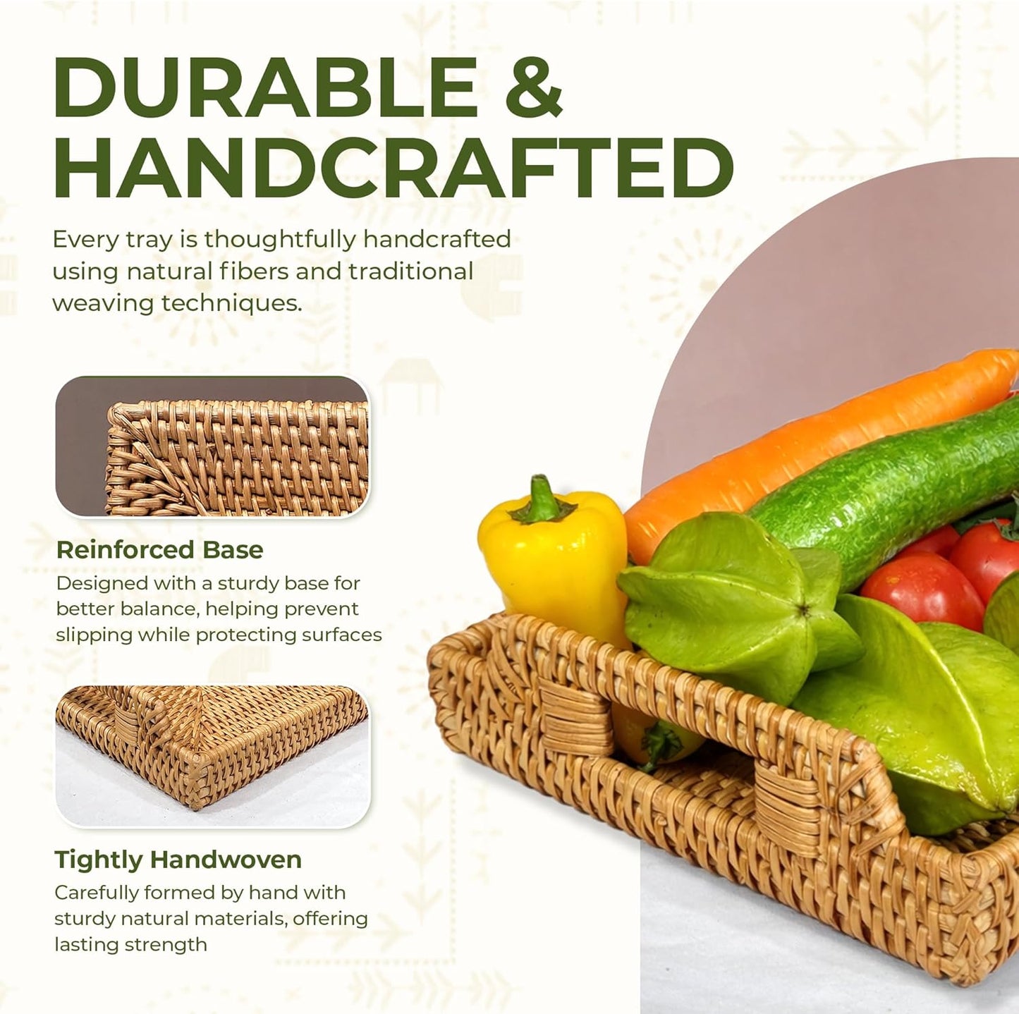 Rattan Serving Tray with Handles (11.4 x 16.9 x 2 in) โ Handwoven Wicker Tray for Coffee Table, Breakfast, Ottoman & Home Decor, Natural Woven Tray