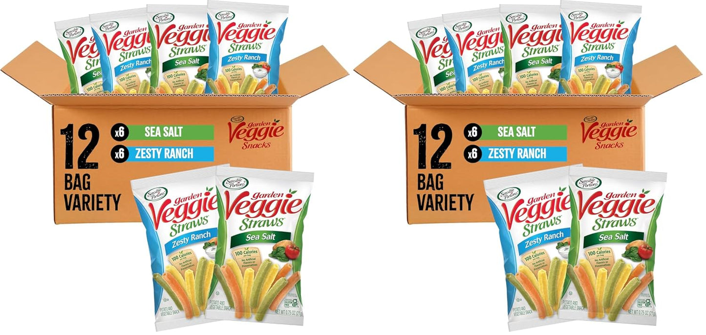 Sensible Portions Veggie Straws Multi-Pack, Sea Salt & Zesty Ranch, Kid Snacks, Veggie Snacks, 0.75 oz Bag (Pack of 12)