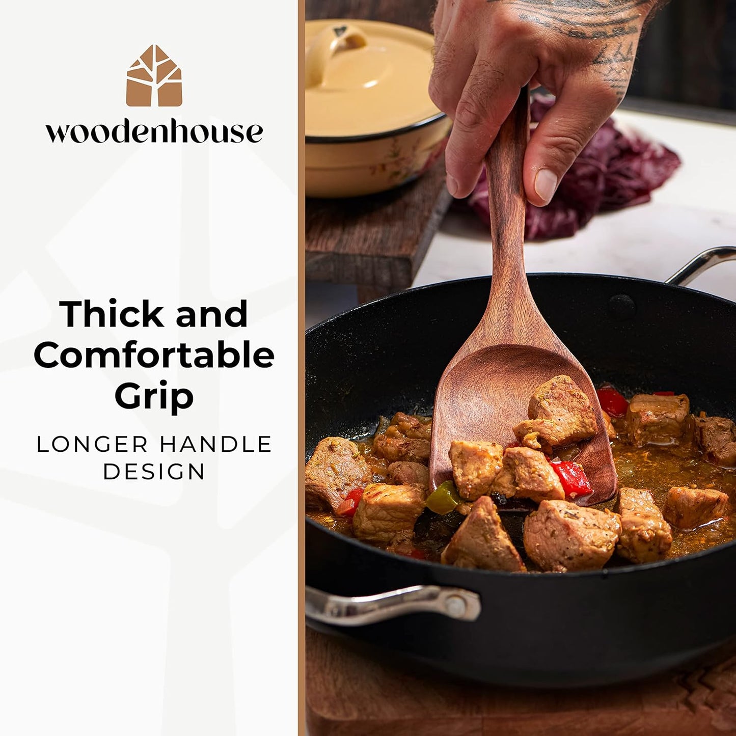 Wooden Utensil Set 8 Pcs – Sturdy & Easy to Clean, Natural Teak Wooden Spoons for Cooking – Non-Scratch Cooking Utensils with Spatula, Turner, Ladle, Spoons, Holder, Spoon Rest, 6 Hooks Kitchen Gifts