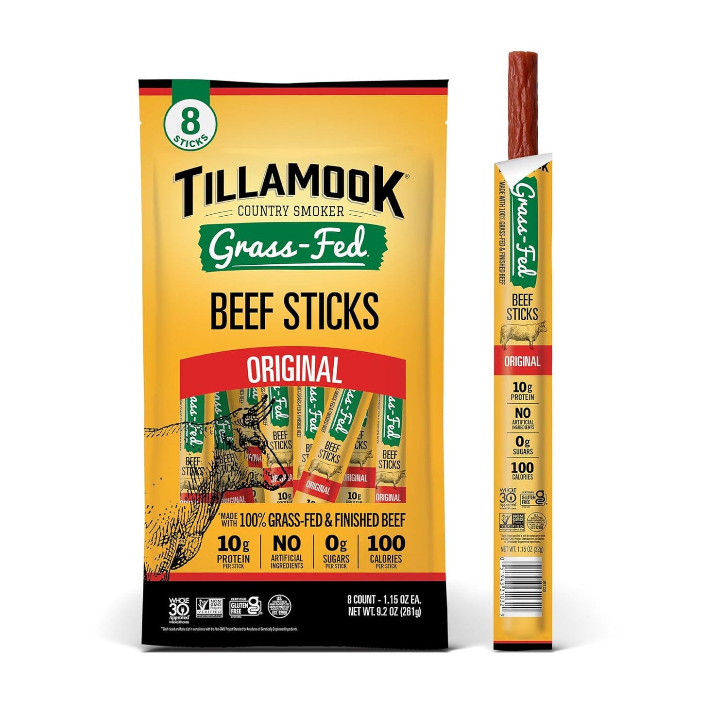 Tillamook Country Smoker 100% Grass Fed Beef Sticks, Zero Sugar, Original, 1.15 Ounce, 8 Pack, Non-GMO Clean Meat Snacks, 10g High Protein Per Stick, Gluten Free Keto Snack, Individually Wrapped