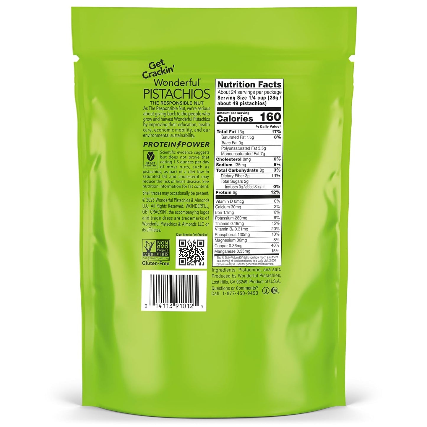 Wonderful Pistachios No Shells, Roasted & Salted Nuts, 24 Ounce Resealable Bag, Protein Snacks, Gluten Free, Healthy Snack