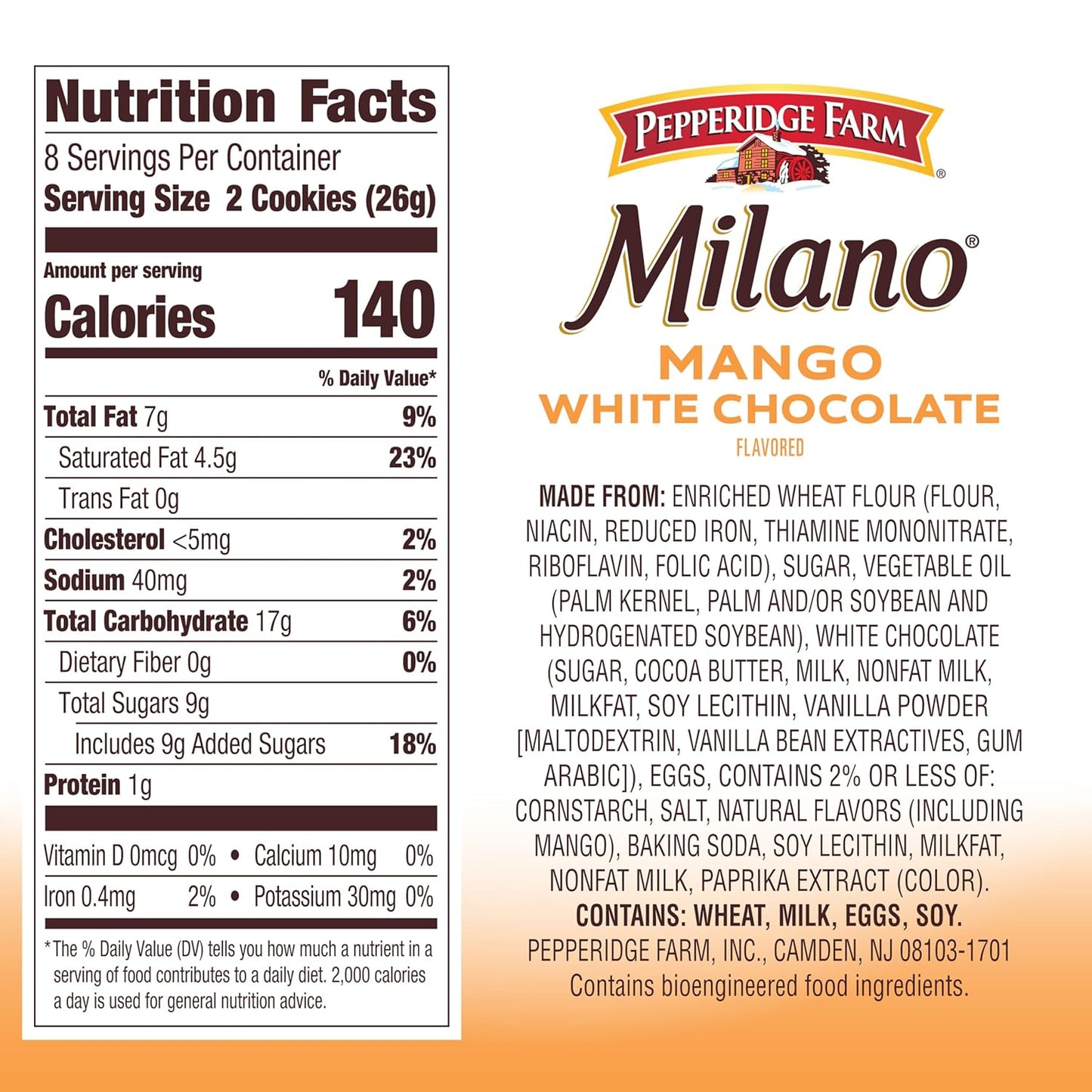Pepperidge Farm Milano White Chocolate Mango Flavored Cookies, 7 Oz Bag