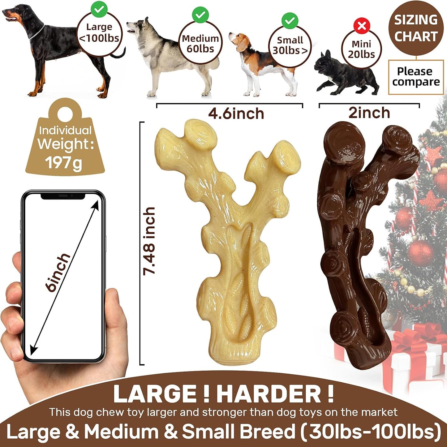 2 Pack Dog Chew Toys for Aggressive Chewers,Boredom and Stimulating Best Dog Toys for Medium/Large Breed,Tough Almost Indestructible Dog Bones for Teeth Cleaning and Training