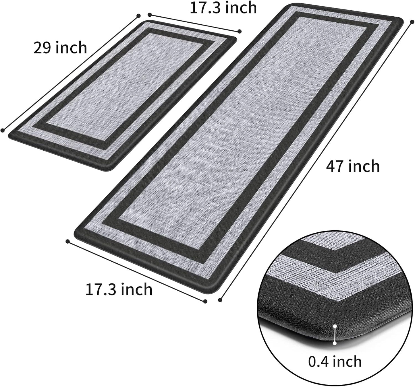 Mattitude Kitchen Mats Set of 2,Cushioned Anti-Fatigue Non-Skid Rug Sets Ergonomic Comfort Standing Mat for Kitchen, Floor, Office, Sink, Laundry, Black and Gray