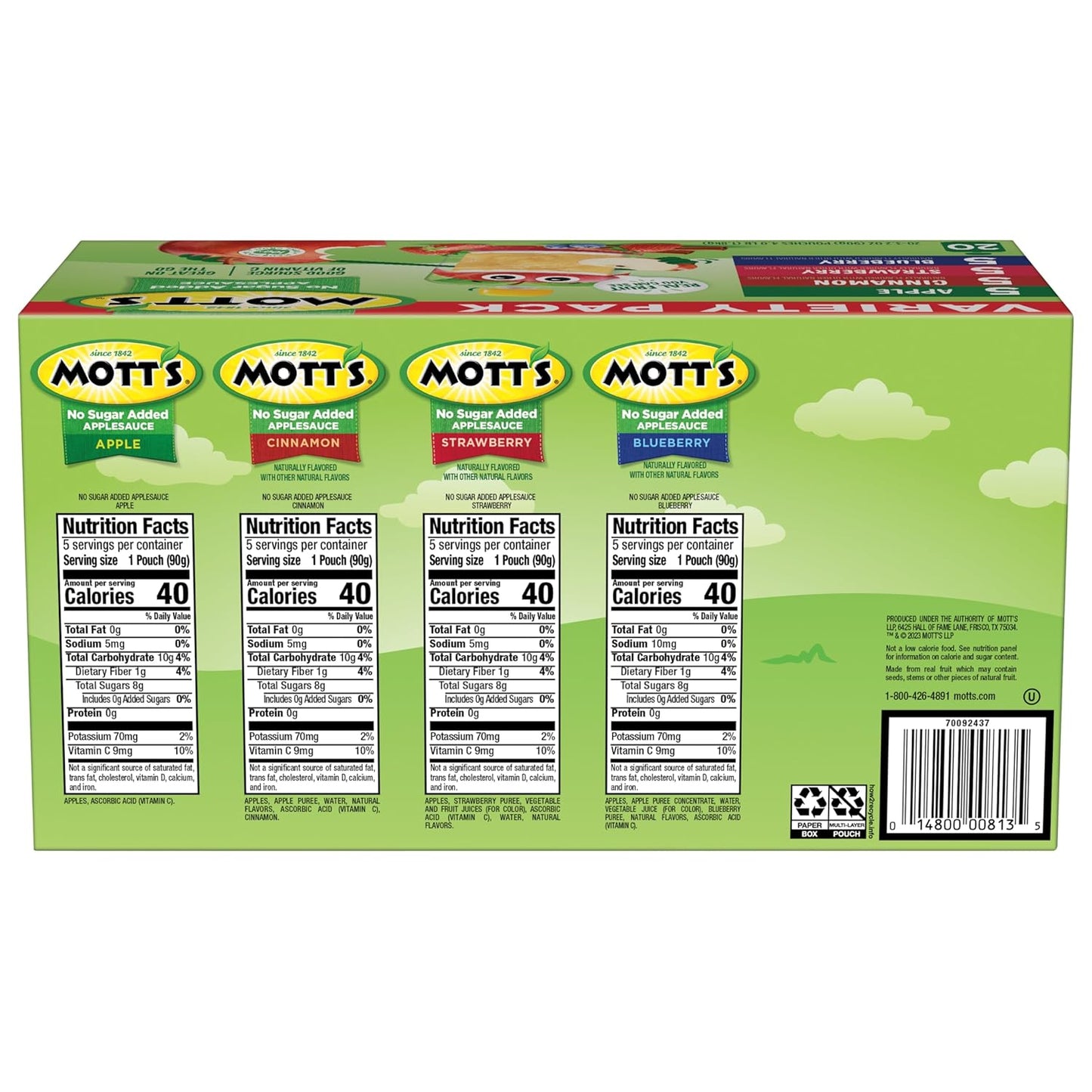 motts no sugar added applesauce variety pack, 4 flavors - apple, strawberry, cinnamon & blueberry, made from real fruit, 20 pack