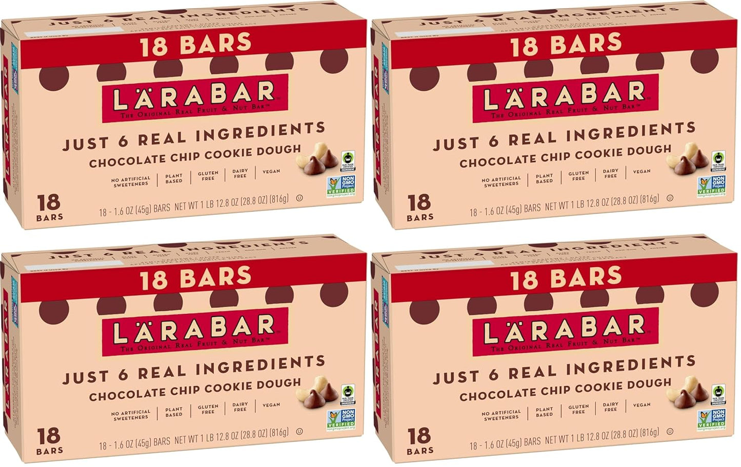Larabar Chocolate Chip Cookie Dough Fruit and Nut Bars, Gluten Free and Vegan, 18 Ct, 28.8 oz