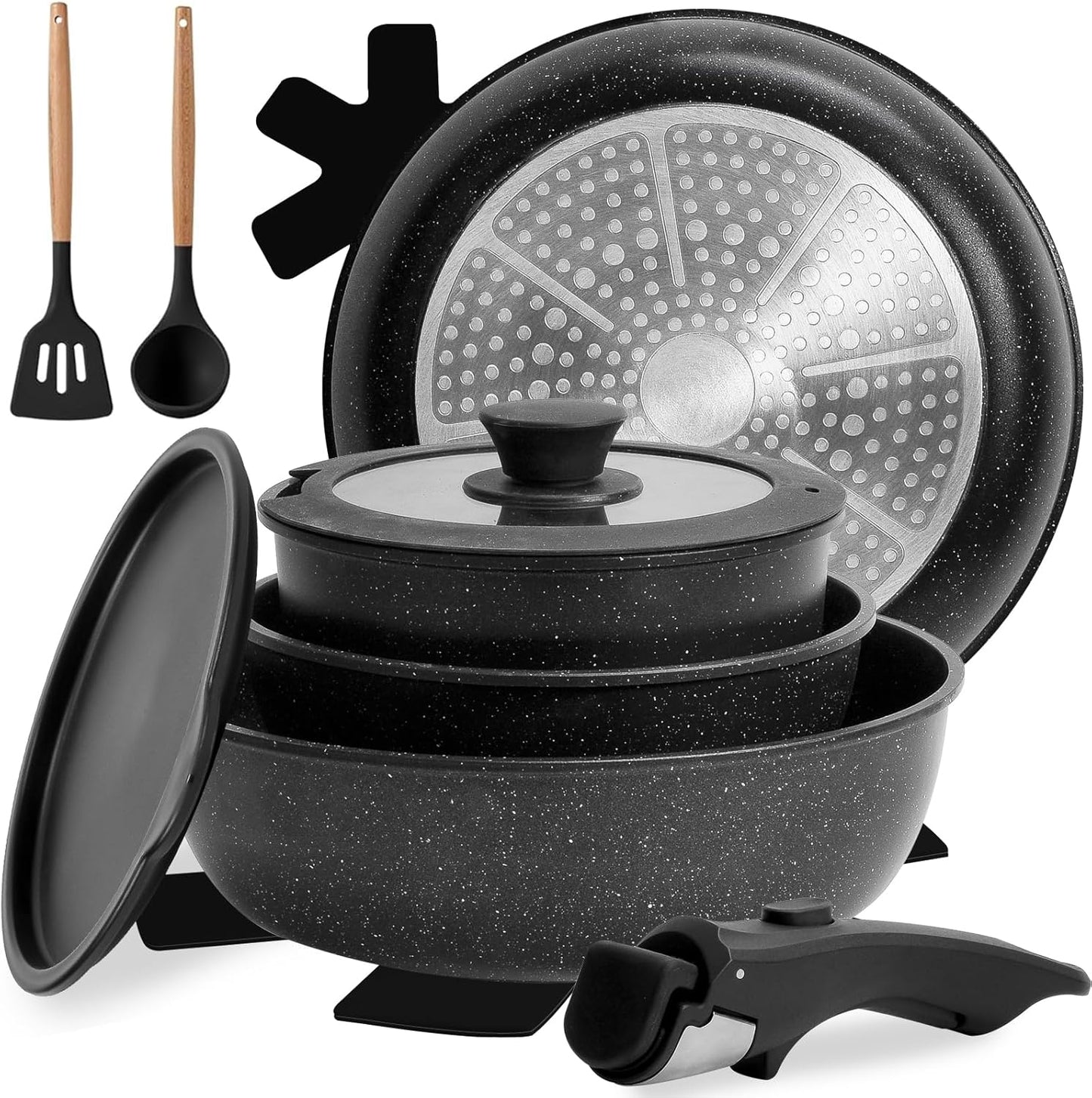 Numola 10 pcs Pots and Pan Set Non Stick with Detachable Handle, Ceramic Cookware Set for Stackable, Induction Kitchen Cookware Set for RV, Dishwasher & Oven Safe, Cream White