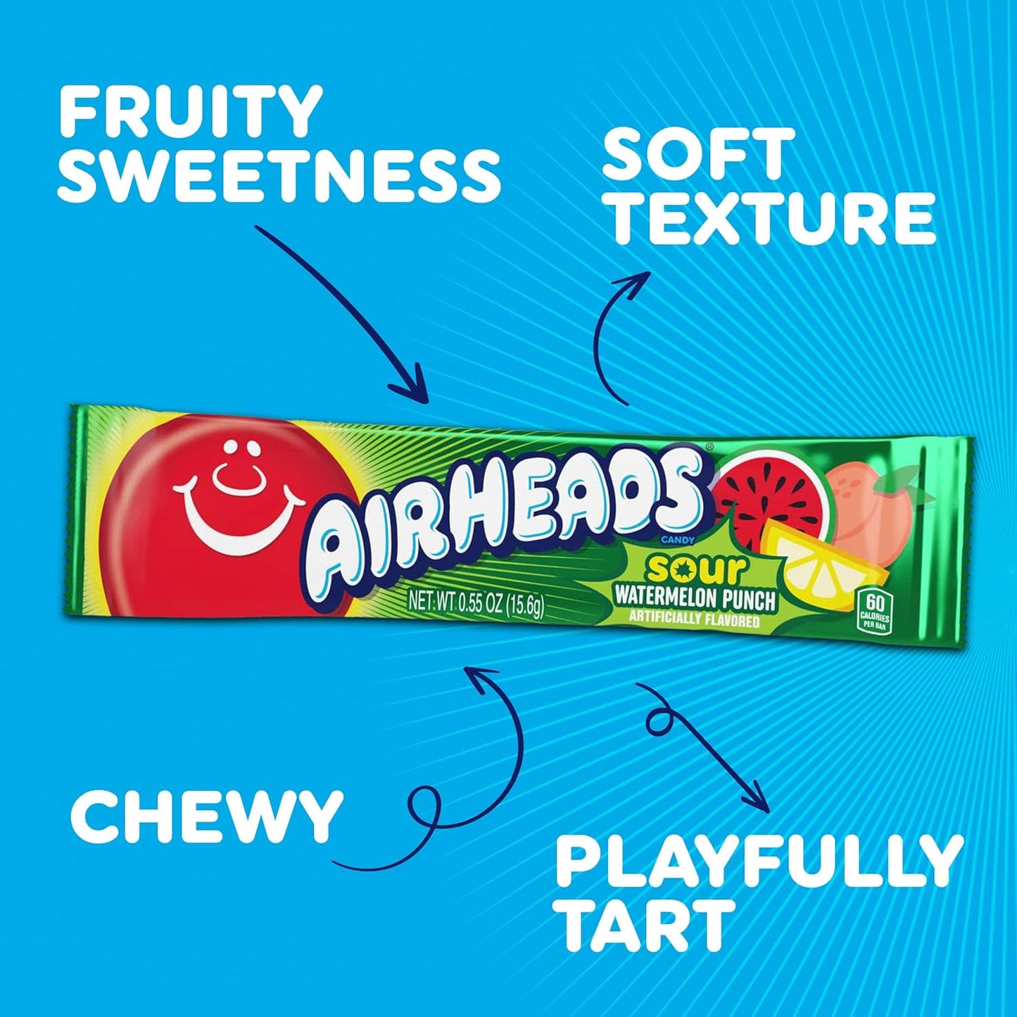 Airheads SOUR Candy Bars, Sour Watermelon Punch, Blue Blast, Lemon Berry Squeeze, 9 Bar Movie Theater Box
