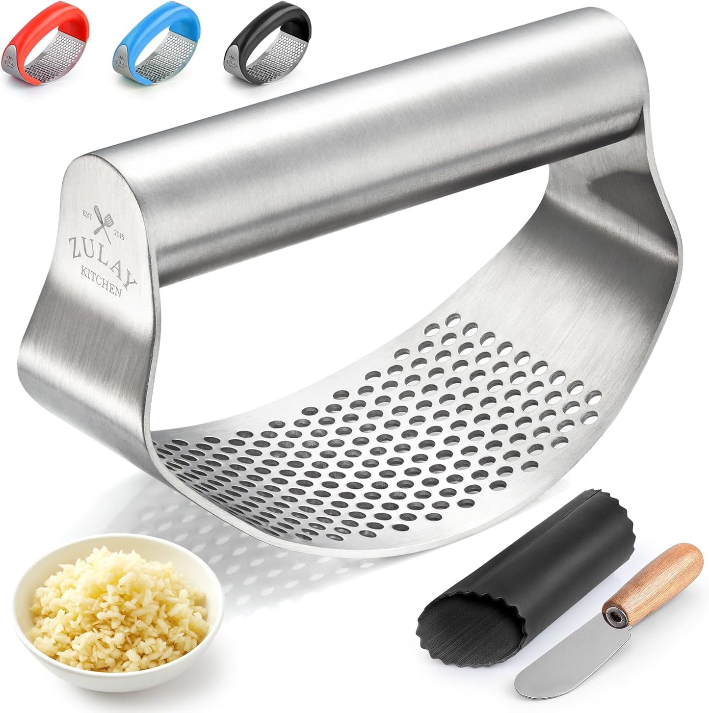 Zulay Kitchen Premium Garlic Press Set - Rust Proof Professional Garlic Mincer Tool - Easy-Squeeze, Easy-Clean with Soft, Ergonomic Handle - Silicone Garlic Peeler & Brush (Silver)